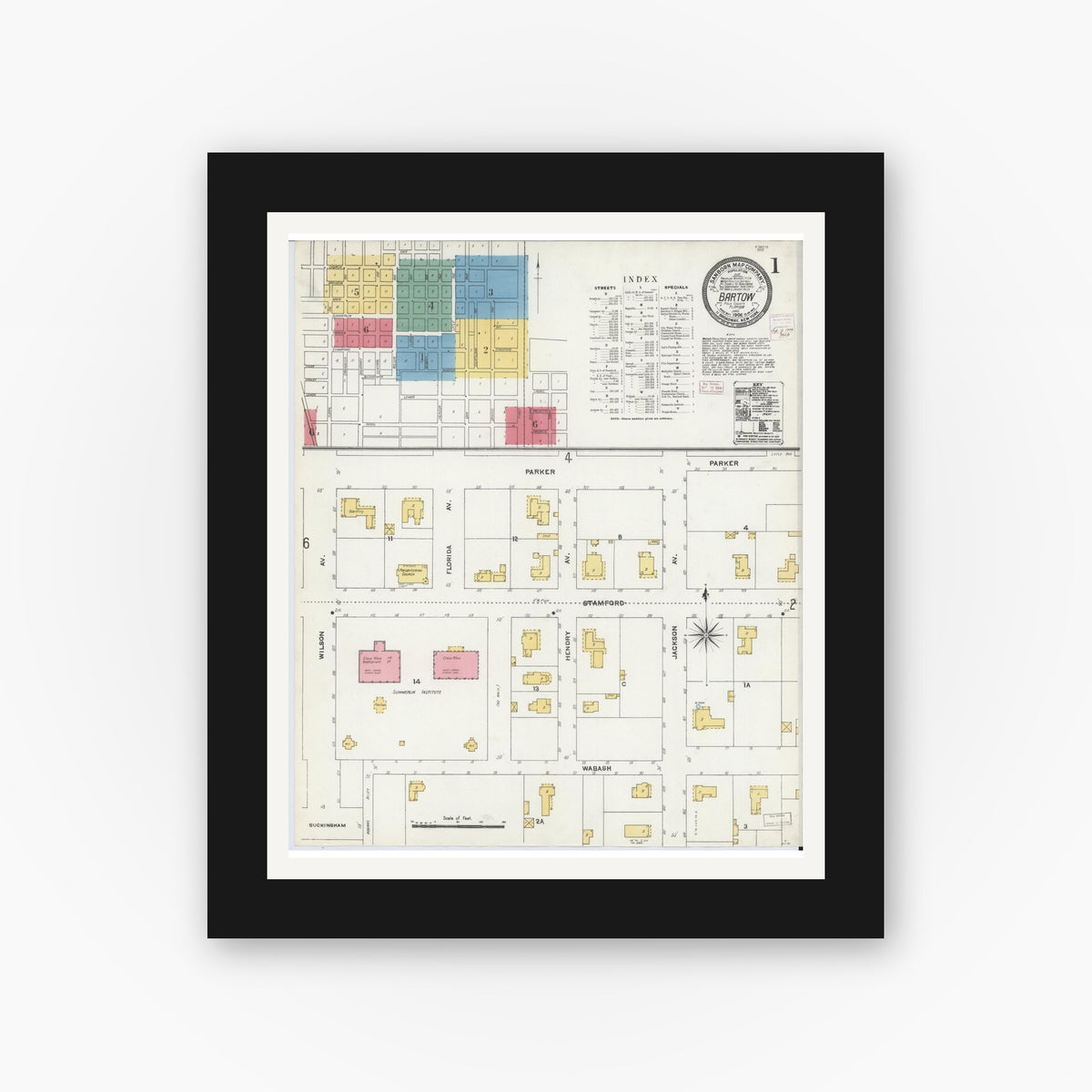 Old map wall art mockup — black gallery frame with white mat — Sanborn Fire Insurance Map from Bartow, Polk County, Florida (1906), Sheet #0001