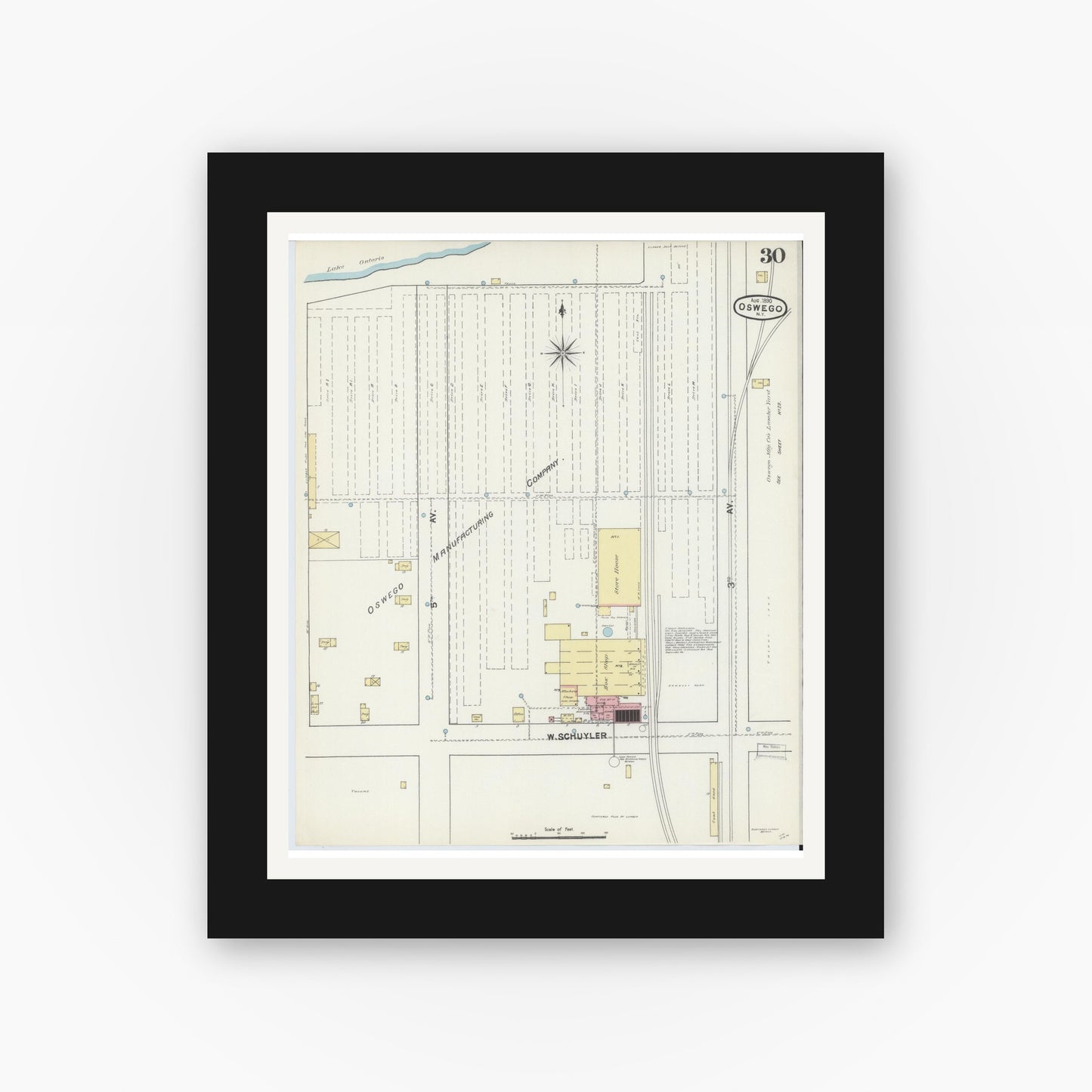 Old map wall art mockup — black gallery frame with white mat — Sanborn Fire Insurance Map from Oswego, Oswego County, New York (1890), Sheet #0030