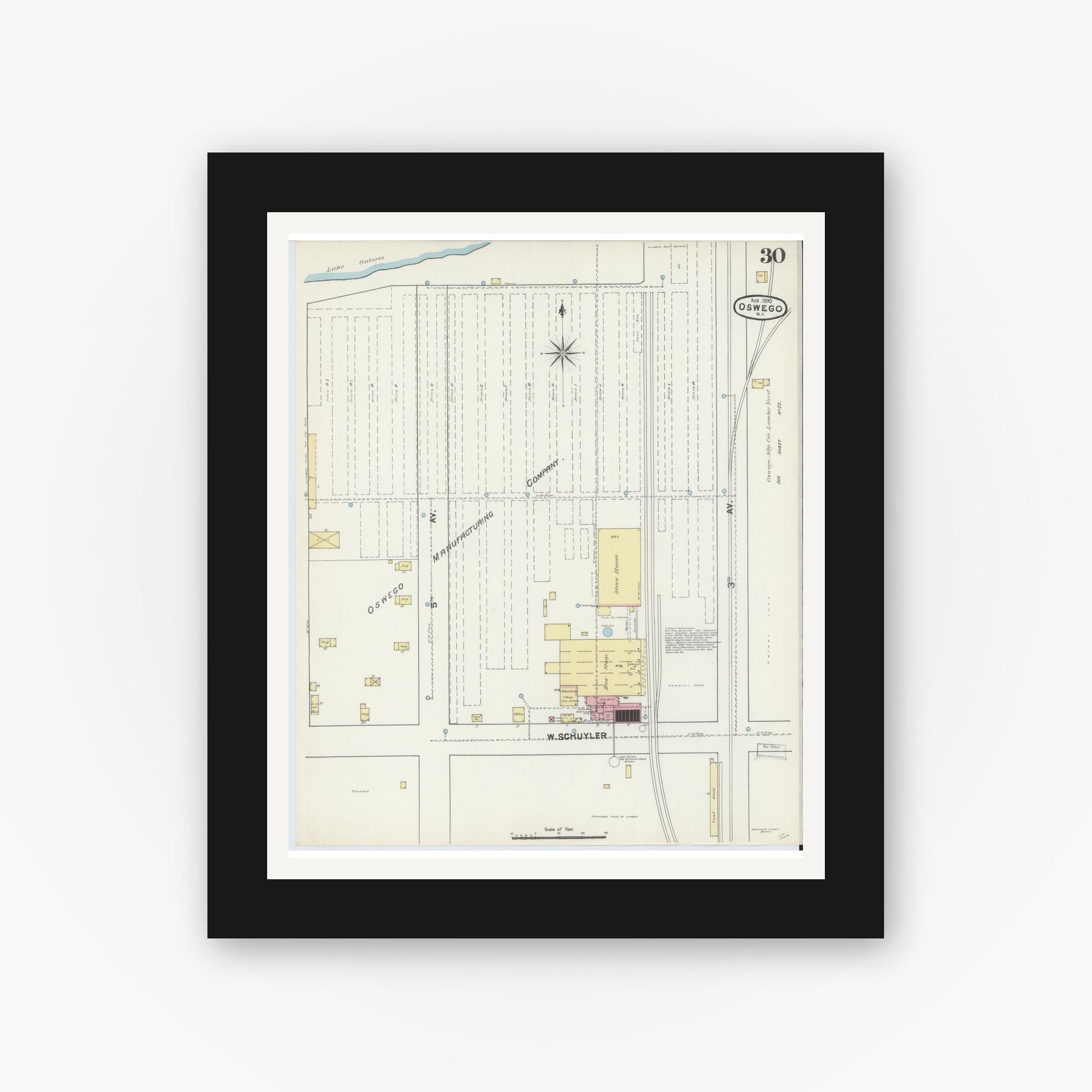 Old map wall art mockup — black gallery frame with white mat — Sanborn Fire Insurance Map from Oswego, Oswego County, New York (1890), Sheet #0030
