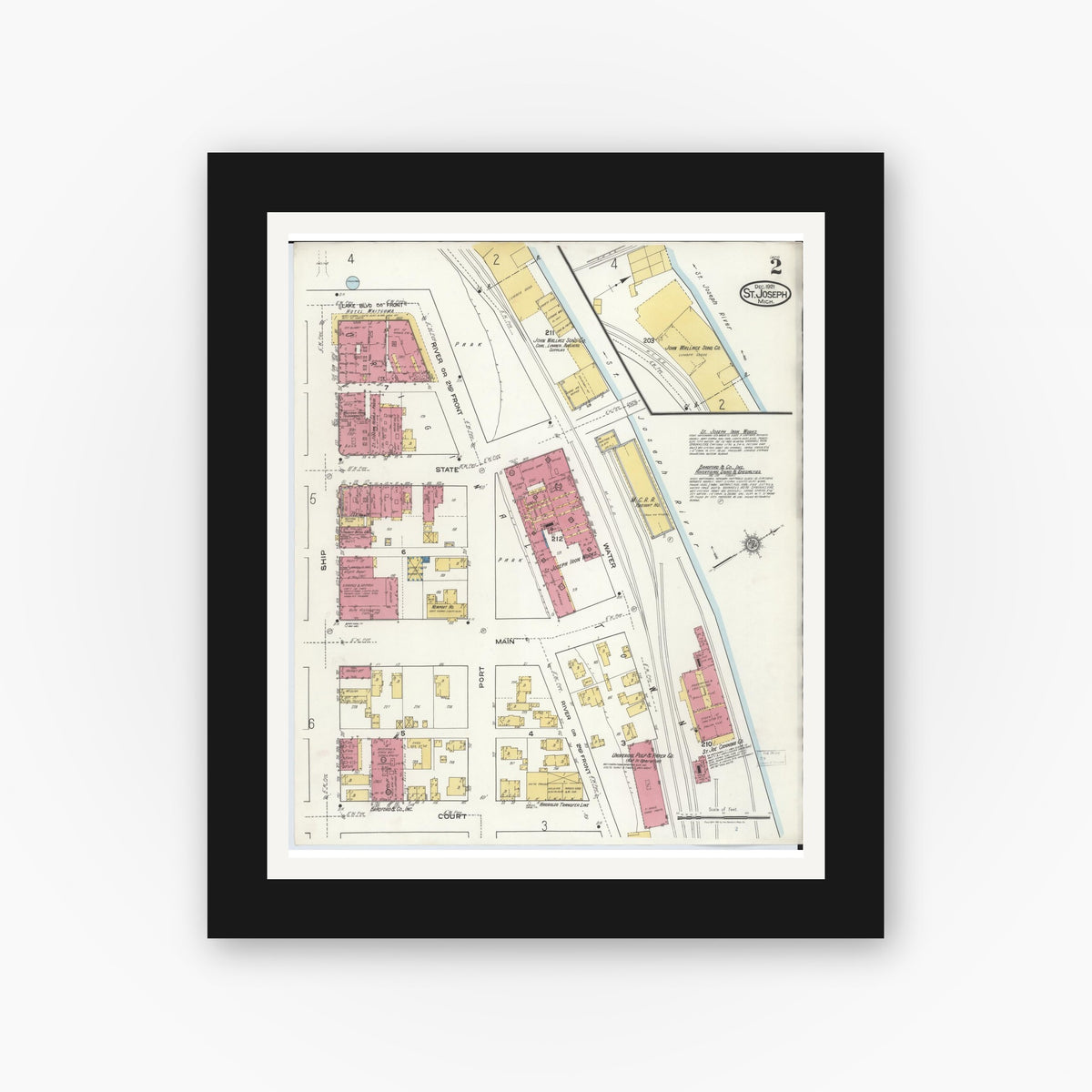 Old map wall art mockup — black gallery frame with white mat — Sanborn Fire Insurance Map from Saint Joseph, Berrien County, Michigan (1921), Sheet #0002