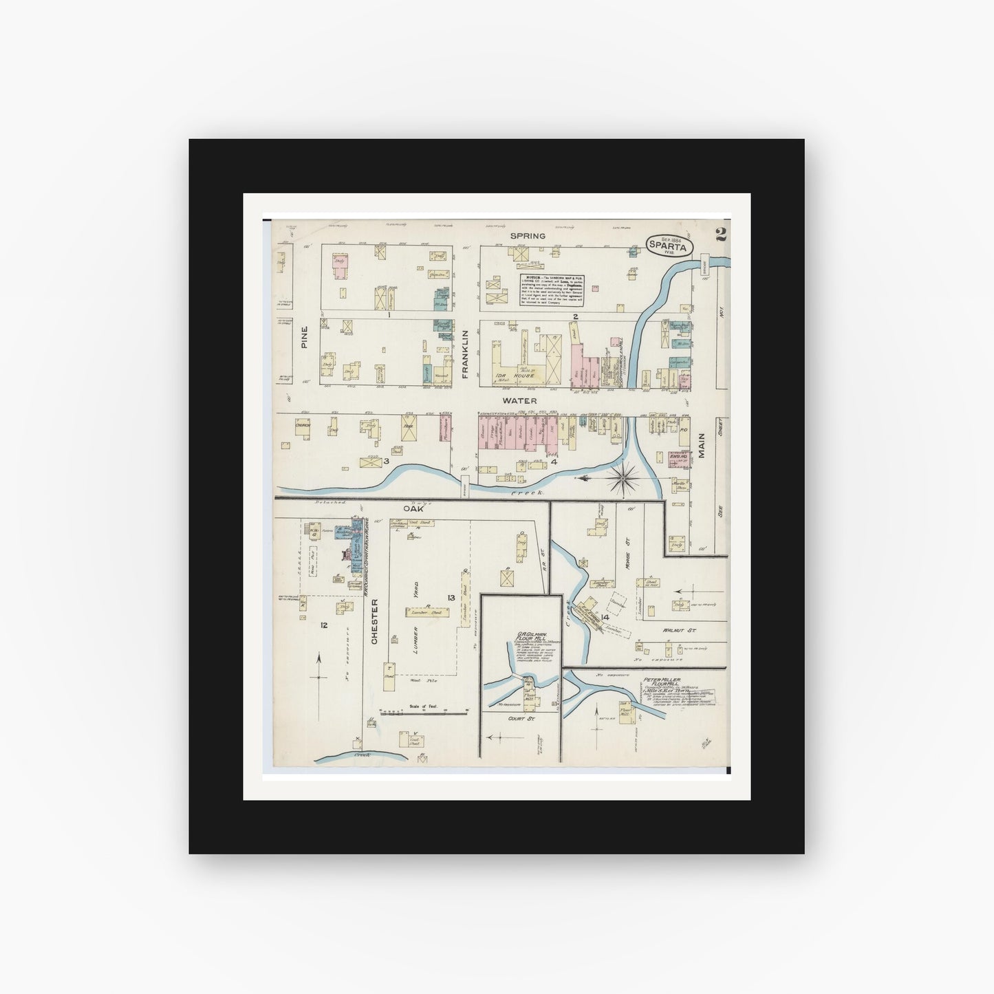 Old map wall art mockup — black gallery frame with white mat — Sanborn Fire Insurance Map from Sparta, Monroe County, Wisconsin (1884), Sheet #0002