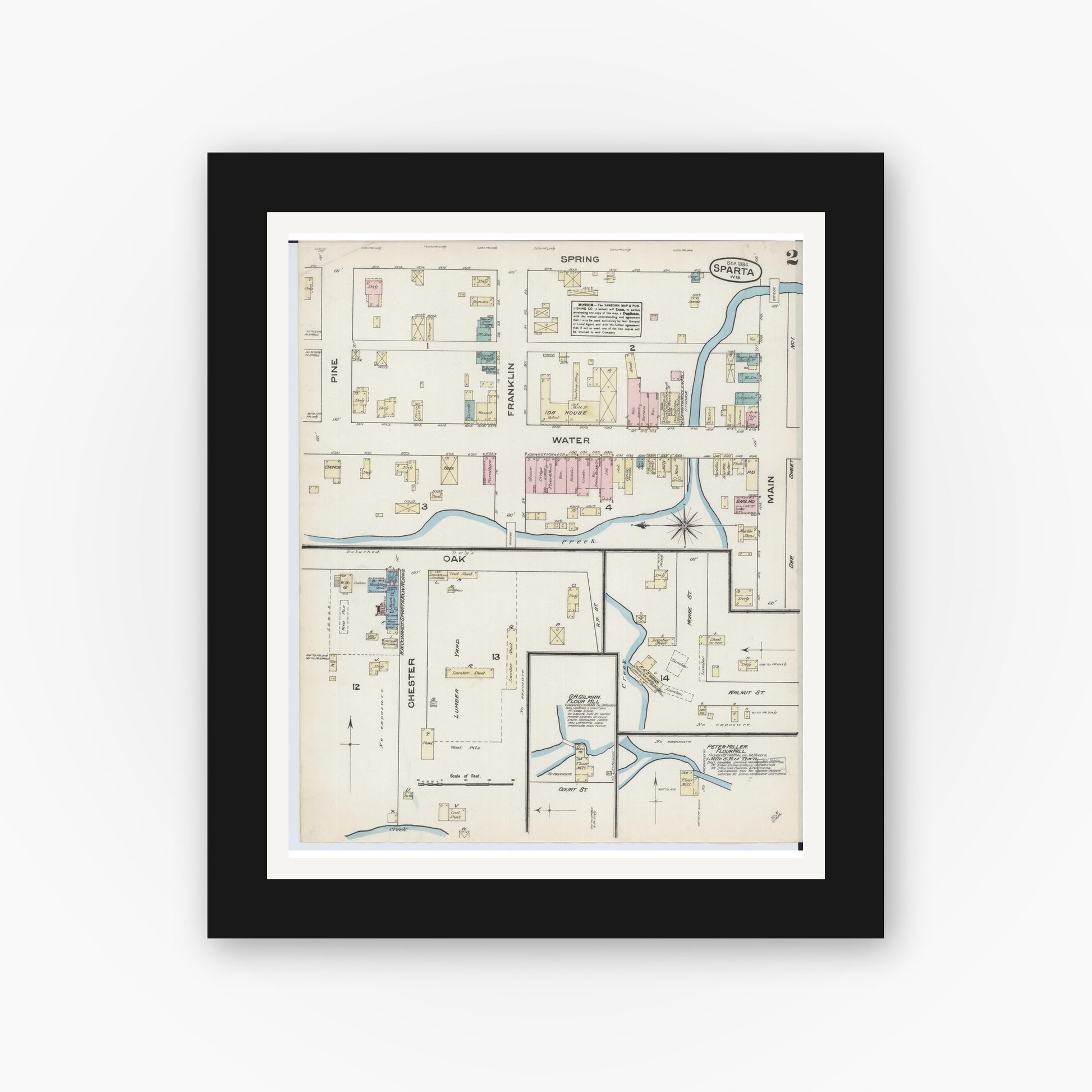 Old map wall art mockup — black gallery frame with white mat — Sanborn Fire Insurance Map from Sparta, Monroe County, Wisconsin (1884), Sheet #0002