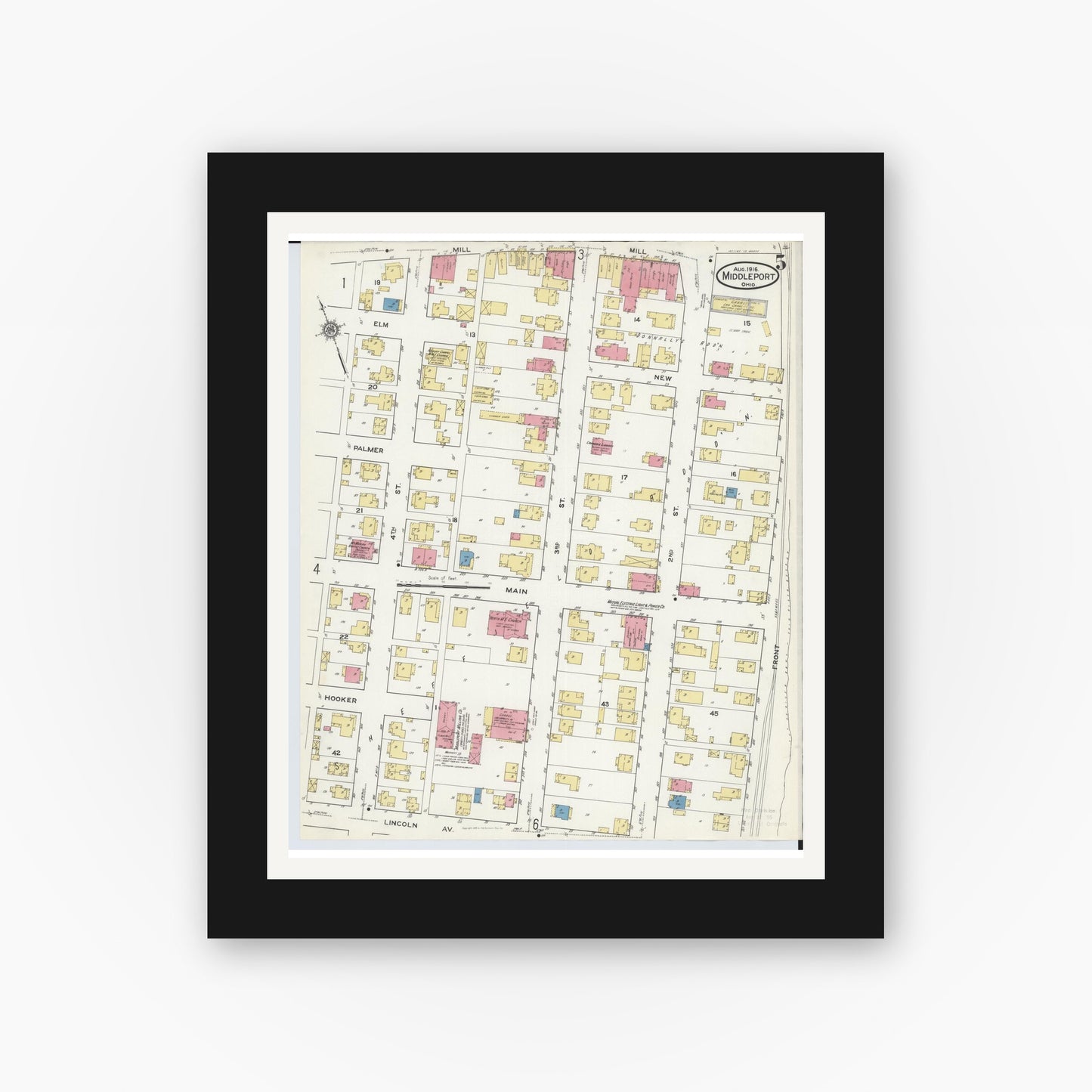 Old map wall art mockup — black gallery frame with white mat — Sanborn Fire Insurance Map from Middleport, Meigs County, Ohio (1916), Sheet #0005
