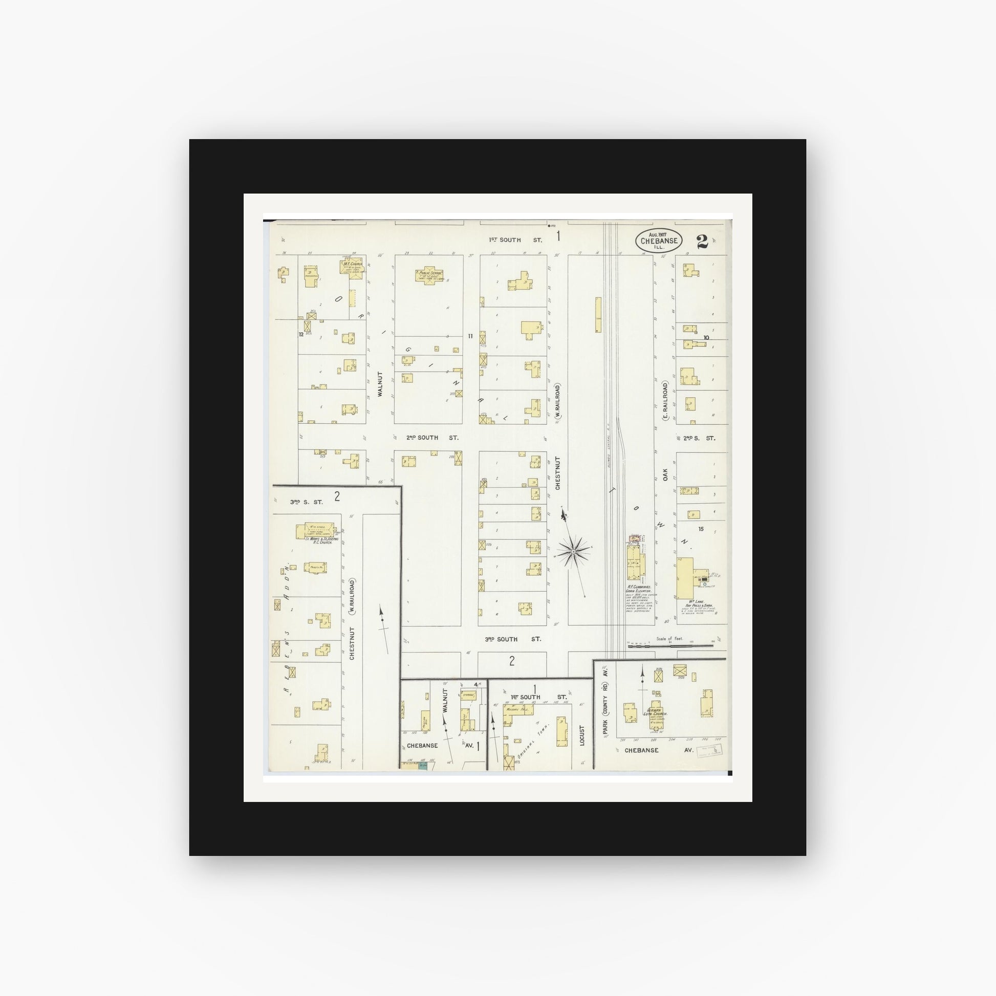 Old map wall art mockup — black gallery frame with white mat — Sanborn Fire Insurance Map from Chebanse, Iroquois And Kankakee County, Illinois (1907), Sheet #0002