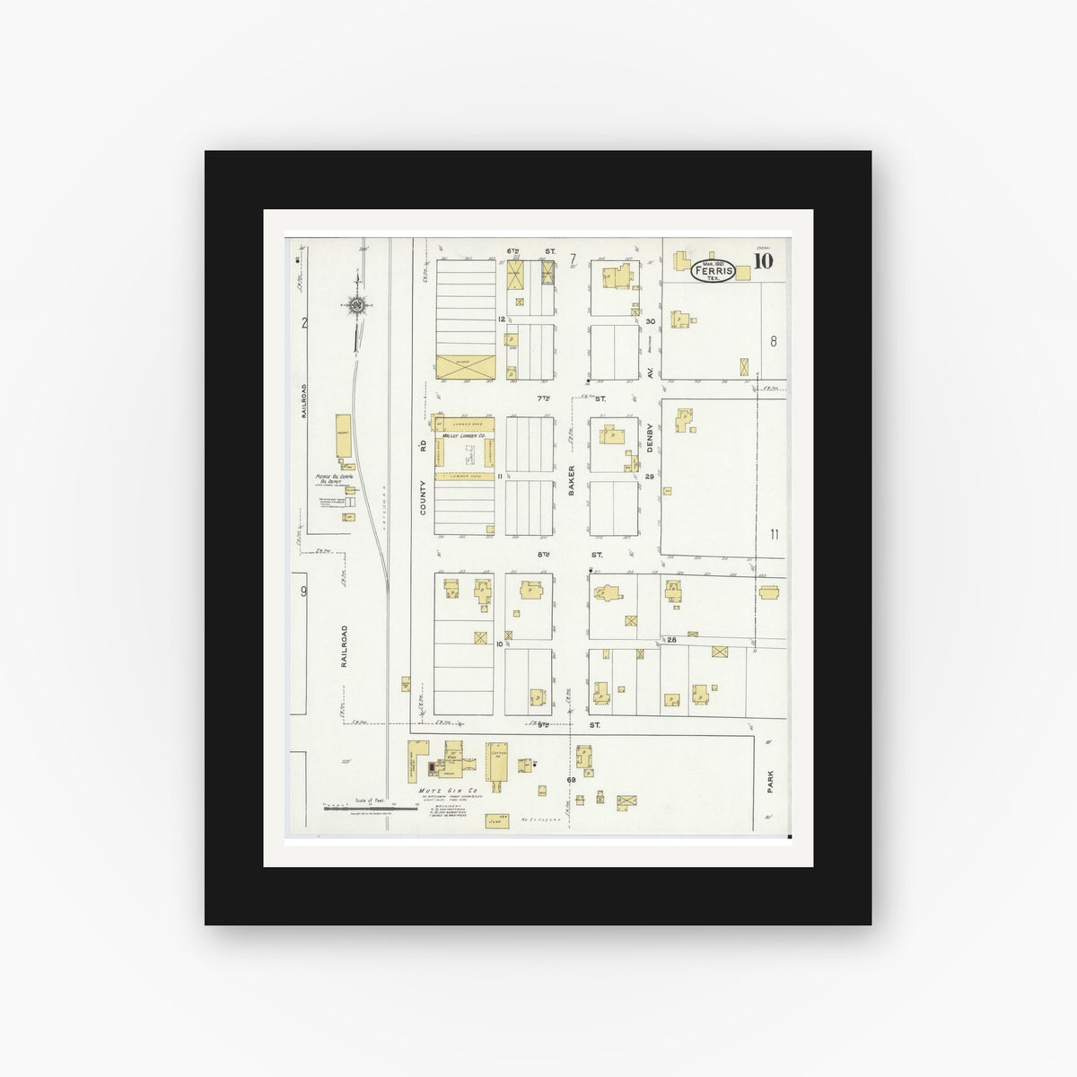 Old map wall art mockup — black gallery frame with white mat — Sanborn Fire Insurance Map from Ferris, Ellis County, Texas (1921), Sheet #0010