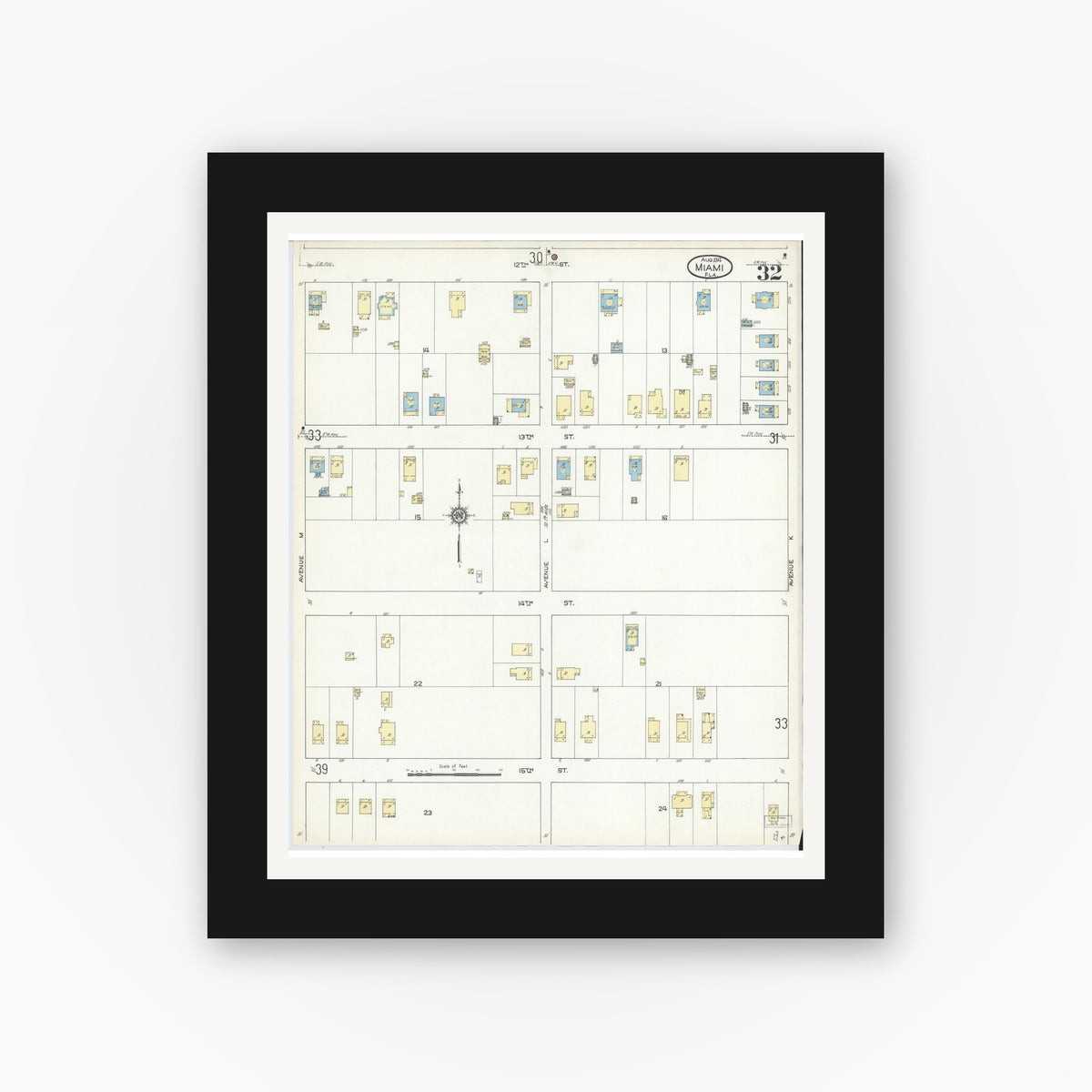Old map wall art mockup — black gallery frame with white mat — Sanborn Fire Insurance Map from Miami, Dade County, Florida (1914), Sheet #0032
