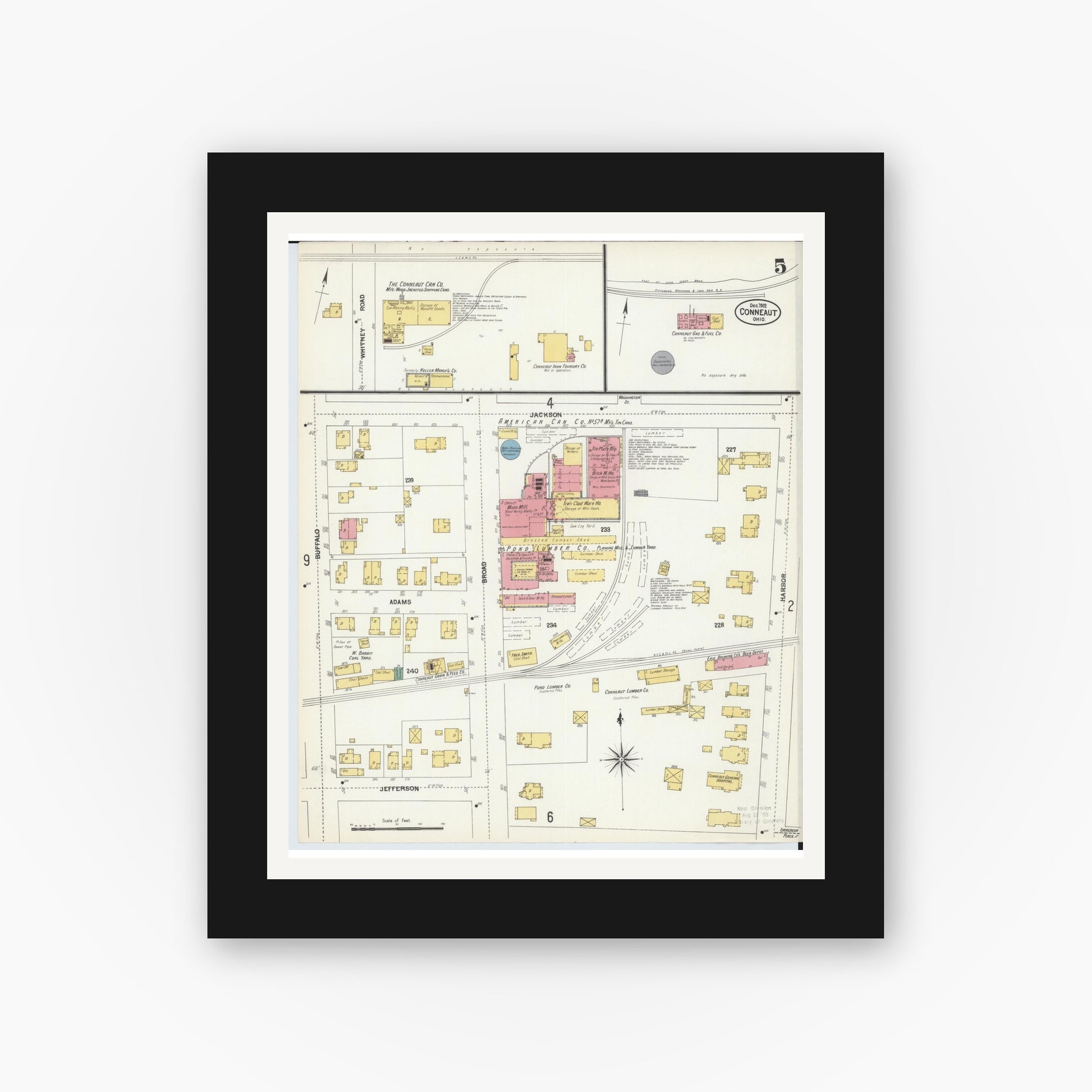 Old map wall art mockup — black gallery frame with white mat — Sanborn Fire Insurance Map from Conneaut, Ashtabula County, Ohio (1902), Sheet #0005