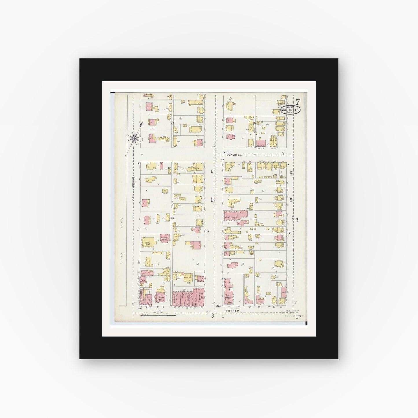 Old map wall art mockup — black gallery frame with white mat — Sanborn Fire Insurance Map from Marietta, Washington County, Ohio (1896), Sheet #0007