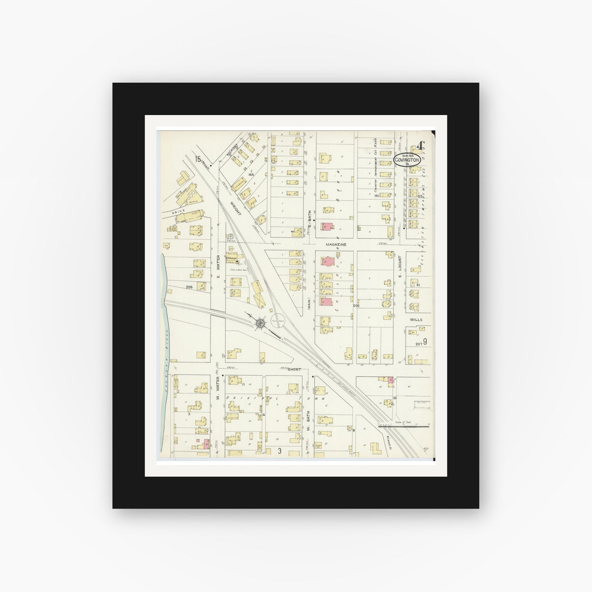 Old map wall art mockup — black gallery frame with white mat — Sanborn Fire Insurance Map from Covington, Independent Cities, Virginia (1913), Sheet #0004