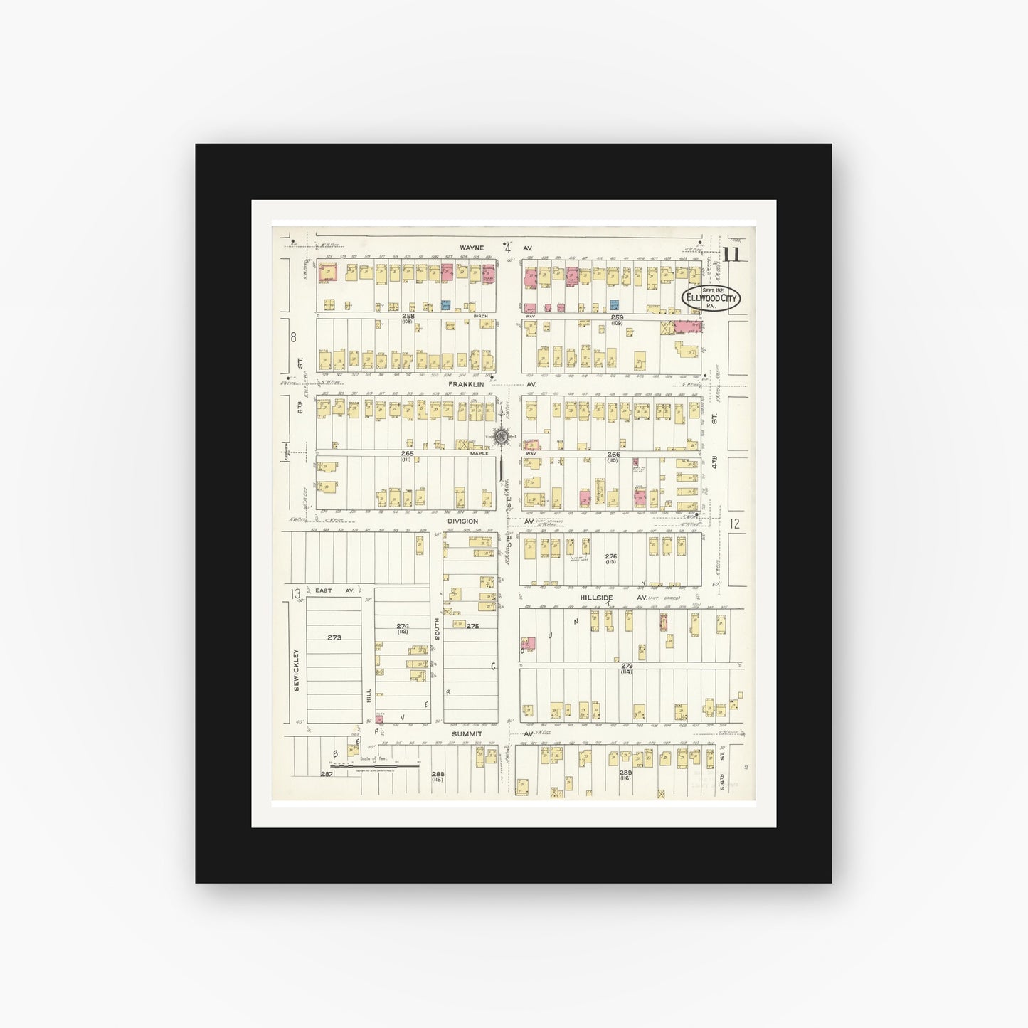 Old map wall art mockup — black gallery frame with white mat — Sanborn Fire Insurance Map from Ellwood City, Lawrence County, Pennsylvania (1921), Sheet #0011