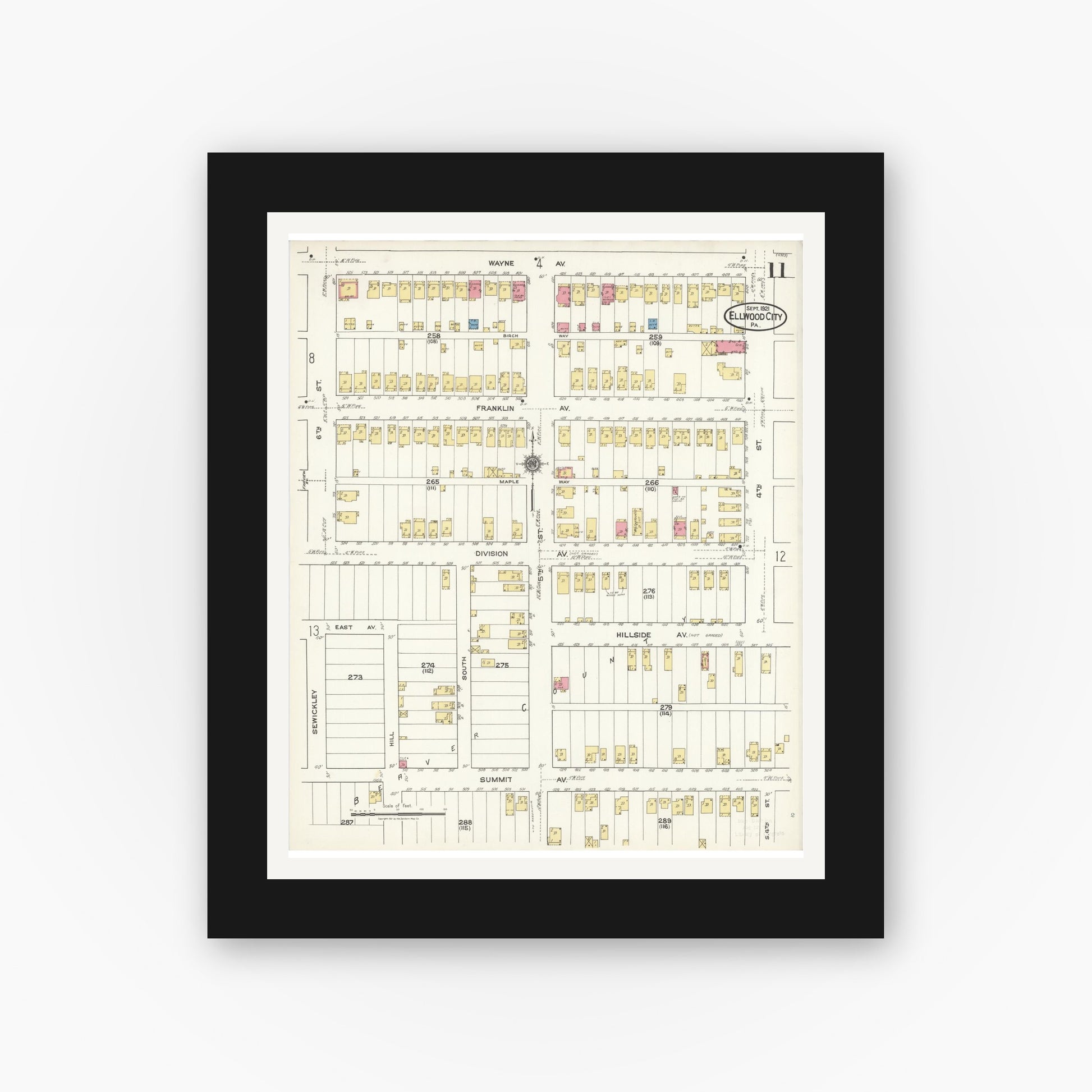 Old map wall art mockup — black gallery frame with white mat — Sanborn Fire Insurance Map from Ellwood City, Lawrence County, Pennsylvania (1921), Sheet #0011
