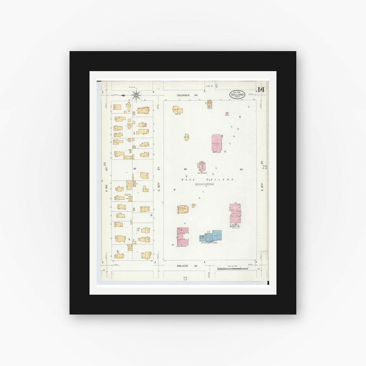Old map wall art mockup — black gallery frame with white mat — Sanborn Fire Insurance Map from Holland, Ottawa County, Michigan (1908), Sheet #0014