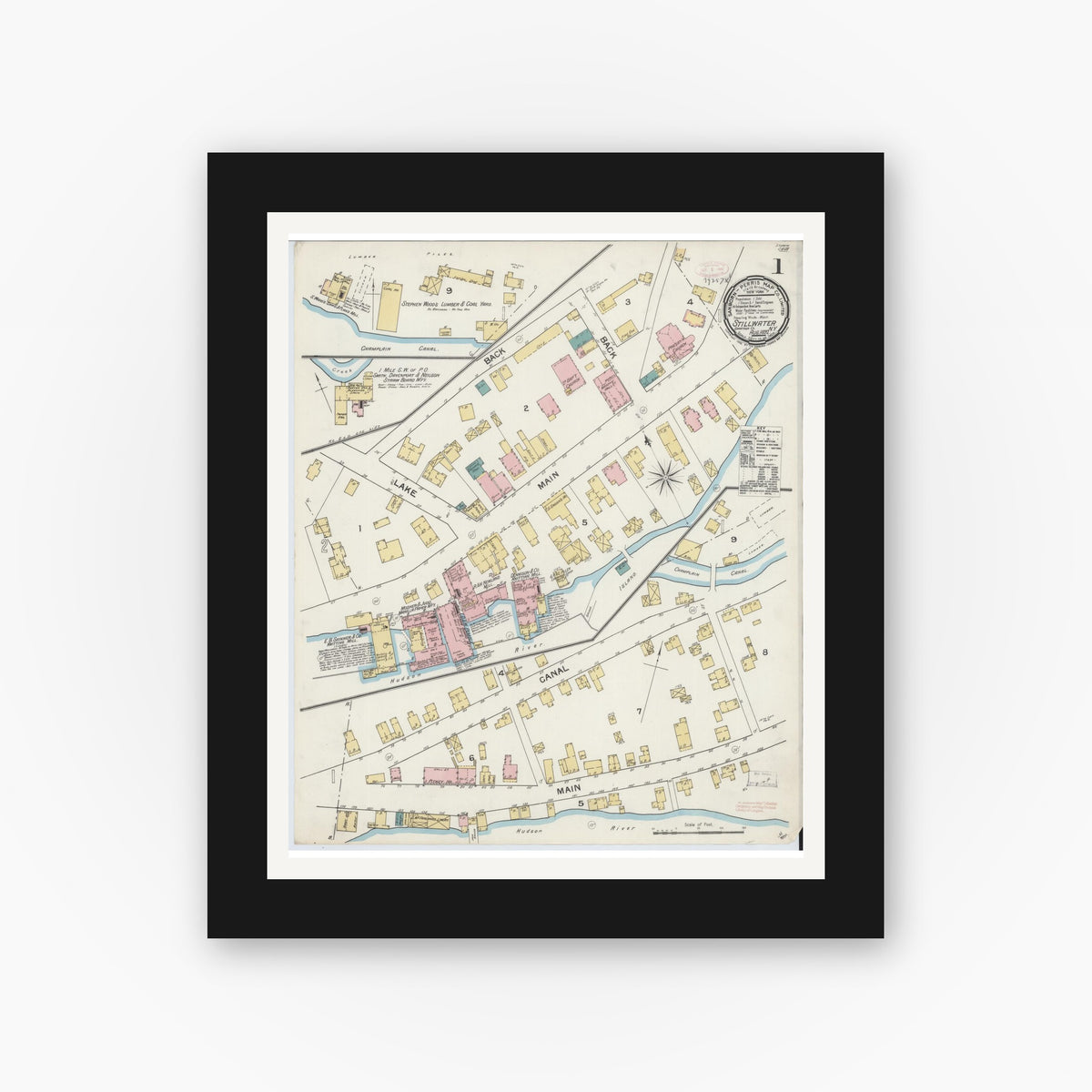 Old map wall art mockup — black gallery frame with white mat — Sanborn Fire Insurance Map from Stillwater, Saratoga County, New York (1892) - Complete Map Set