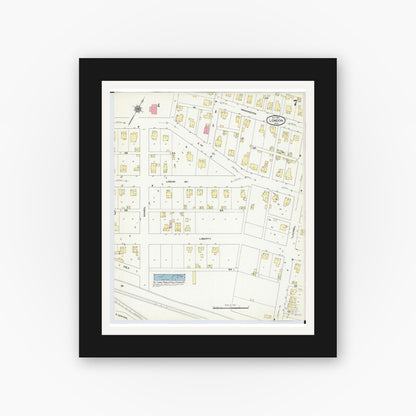 Old map wall art mockup — black gallery frame with white mat — Sanborn Fire Insurance Map from London, Madison County, Ohio (1910), Sheet #0007