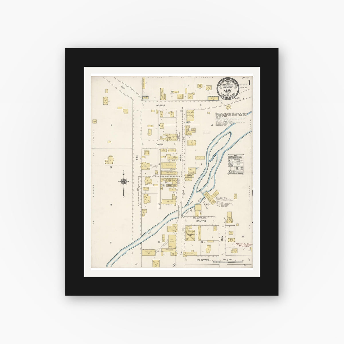 Old map wall art mockup — black gallery frame with white mat — Sanborn Fire Insurance Map from Adin, Modoc County, California (1912), Sheet #0001
