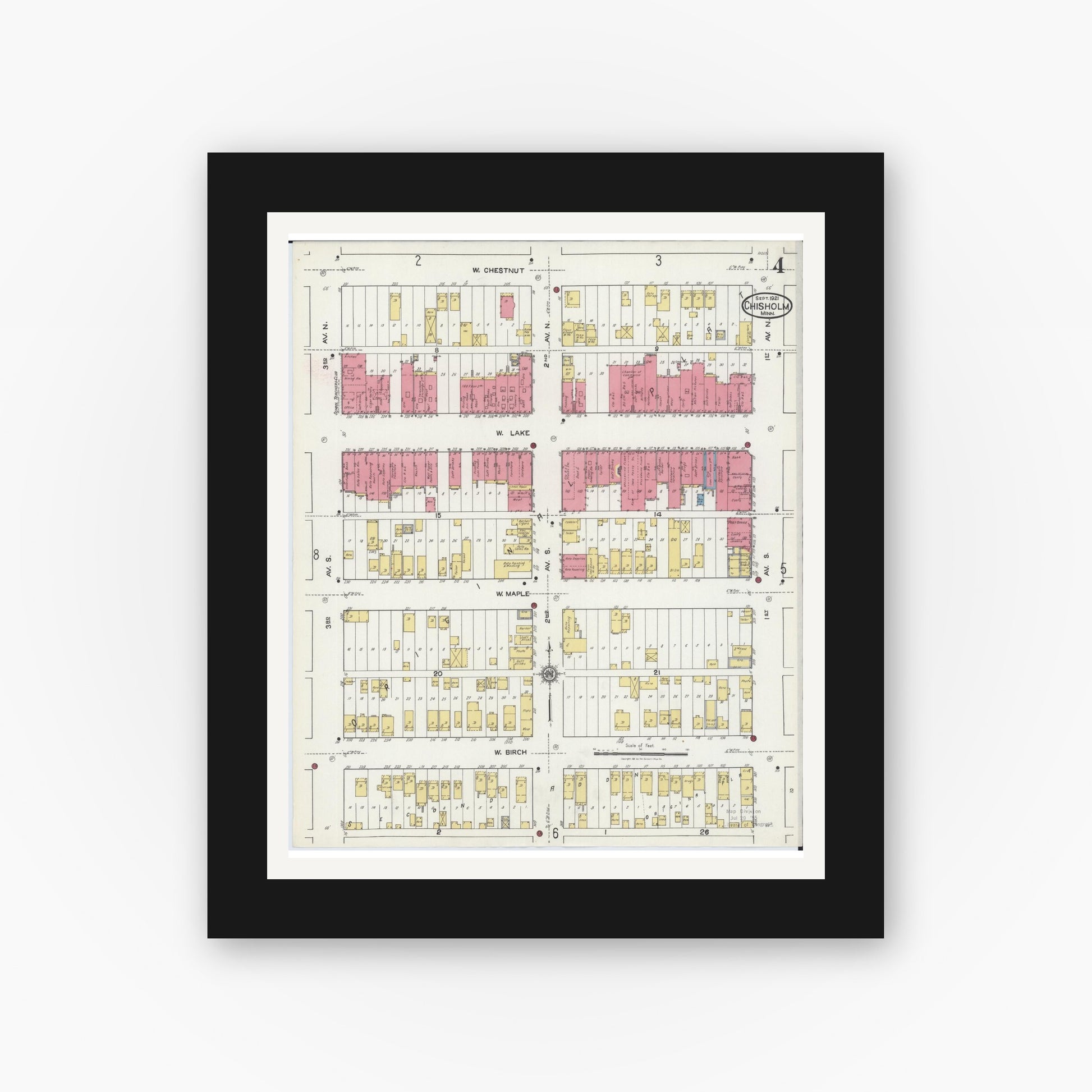 Old map wall art mockup — black gallery frame with white mat — Sanborn Fire Insurance Map from Chisholm, Saint Louis County, Minnesota (1921), Sheet #0004