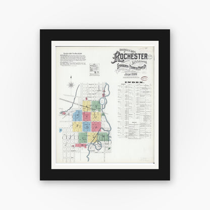 Old map wall art mockup — black gallery frame with white mat — Sanborn Fire Insurance Map from Rochester, Olmsted County, Minnesota (1899) - Complete Map Set