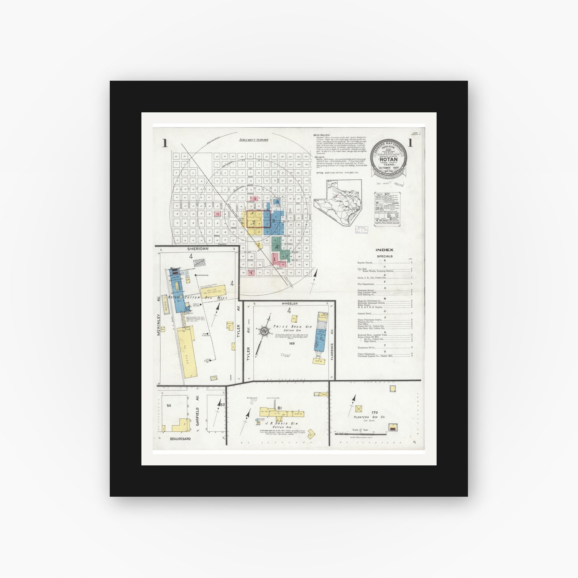 Old map wall art mockup — black gallery frame with white mat — Sanborn Fire Insurance Map from Rotan, Fisher County, Texas (1925) - Complete Map Set