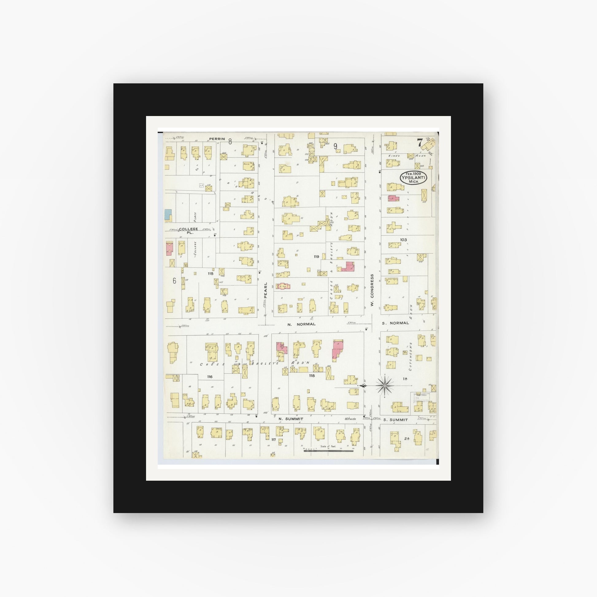 Old map wall art mockup — black gallery frame with white mat — Sanborn Fire Insurance Map from Ypsilanti, Washtenaw County, Michigan (1909), Sheet #0007
