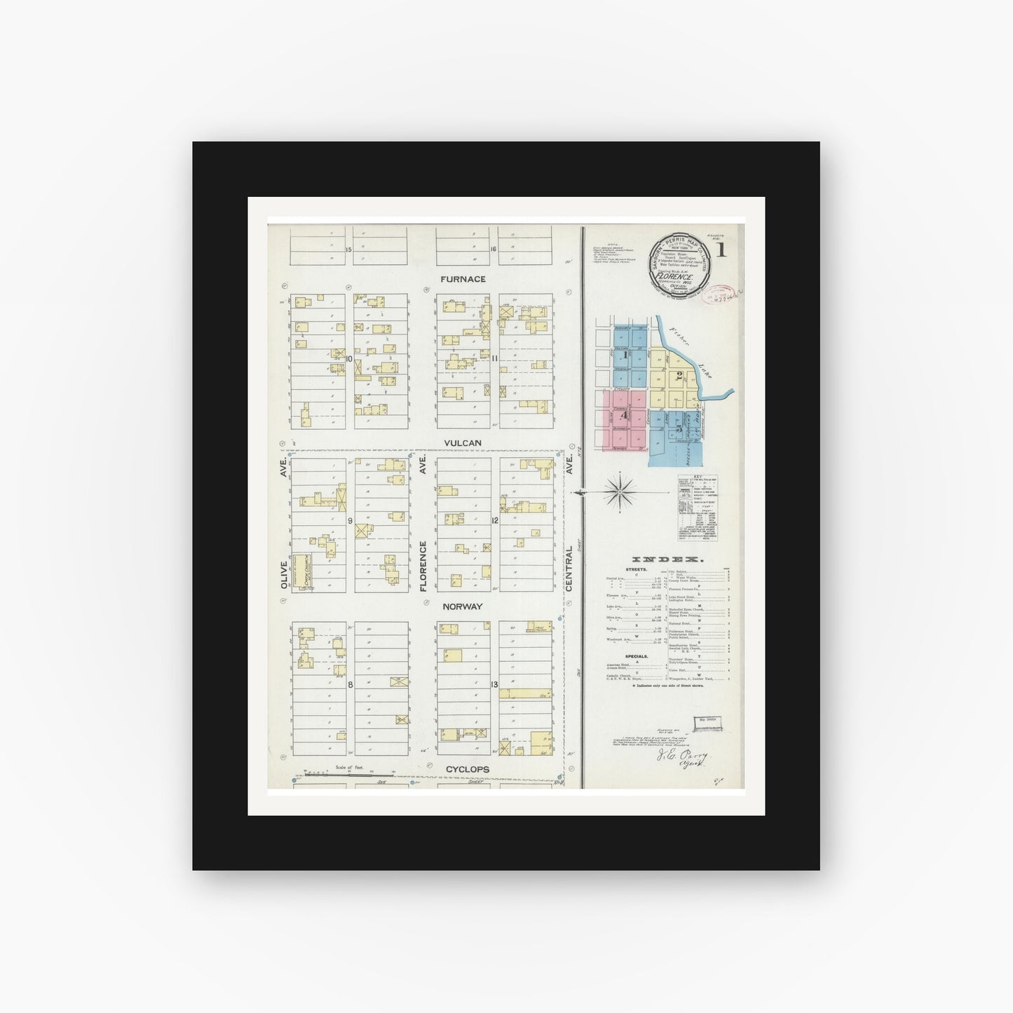 Old map wall art mockup — black gallery frame with white mat — Sanborn Fire Insurance Map from Florence, Florence County, Wisconsin (1891), Sheet #0001