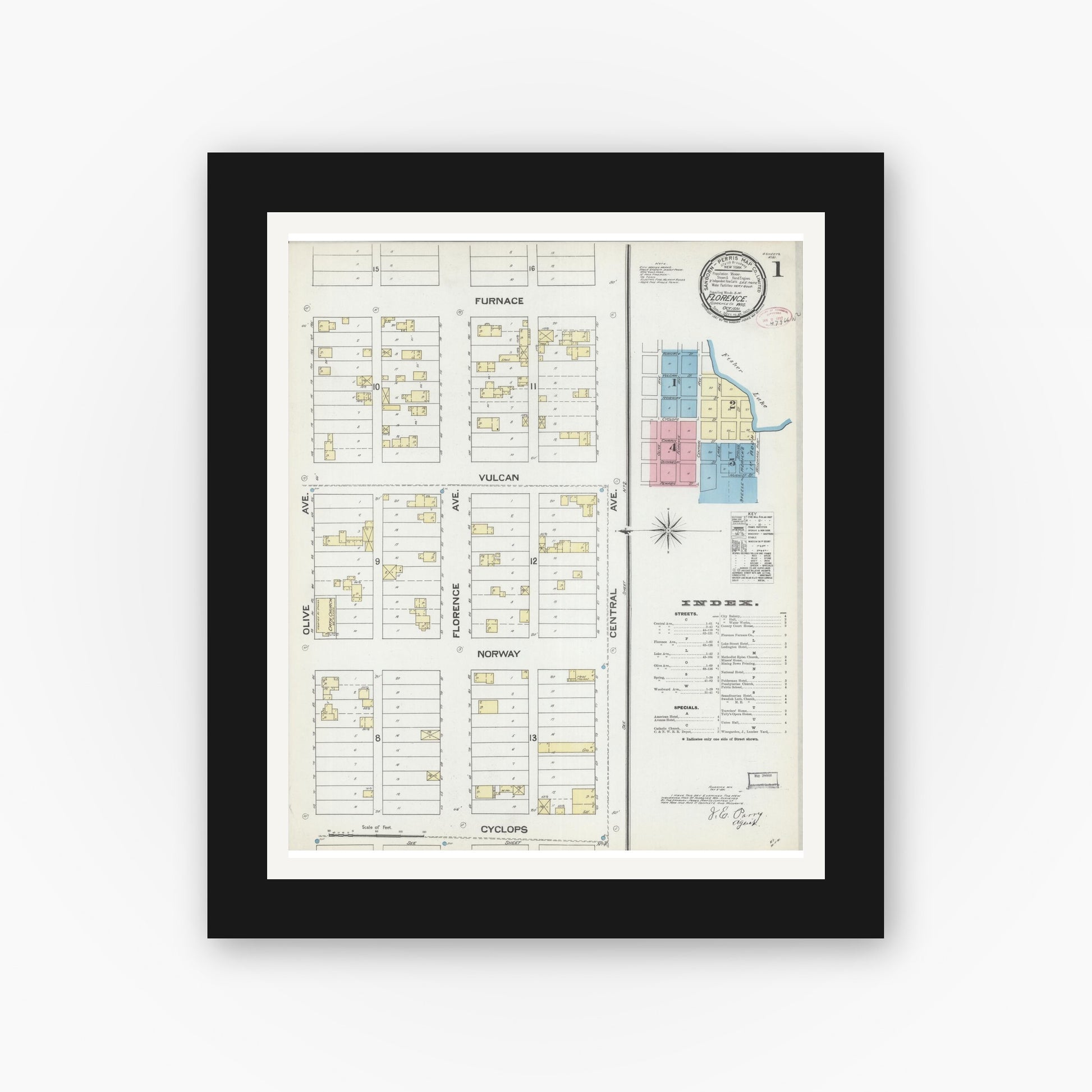 Old map wall art mockup — black gallery frame with white mat — Sanborn Fire Insurance Map from Florence, Florence County, Wisconsin (1891), Sheet #0001
