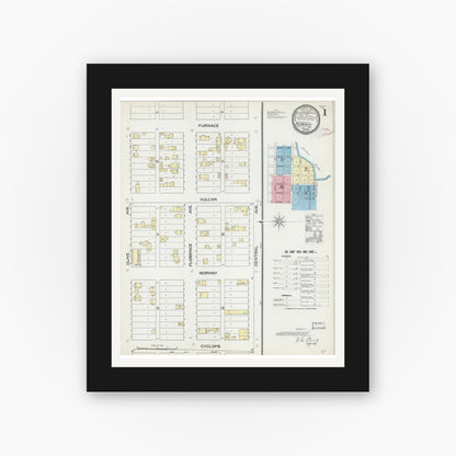 Old map wall art mockup — black gallery frame with white mat — Sanborn Fire Insurance Map from Florence, Florence County, Wisconsin (1891), Sheet #0001
