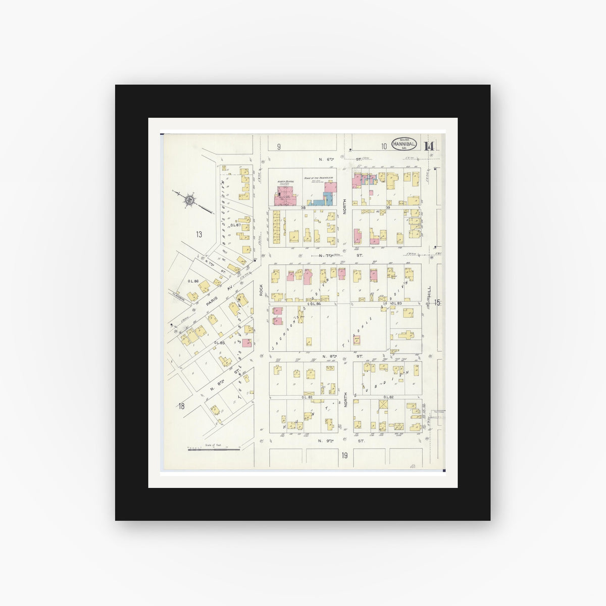 Old map wall art mockup — black gallery frame with white mat — Sanborn Fire Insurance Map from Hannibal, Marion County, Missouri (1913), Sheet #0014