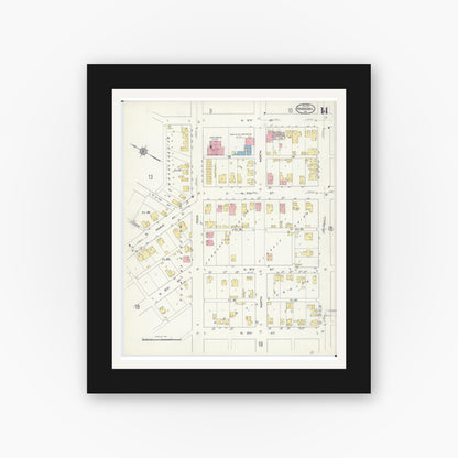 Old map wall art mockup — black gallery frame with white mat — Sanborn Fire Insurance Map from Hannibal, Marion County, Missouri (1913), Sheet #0014