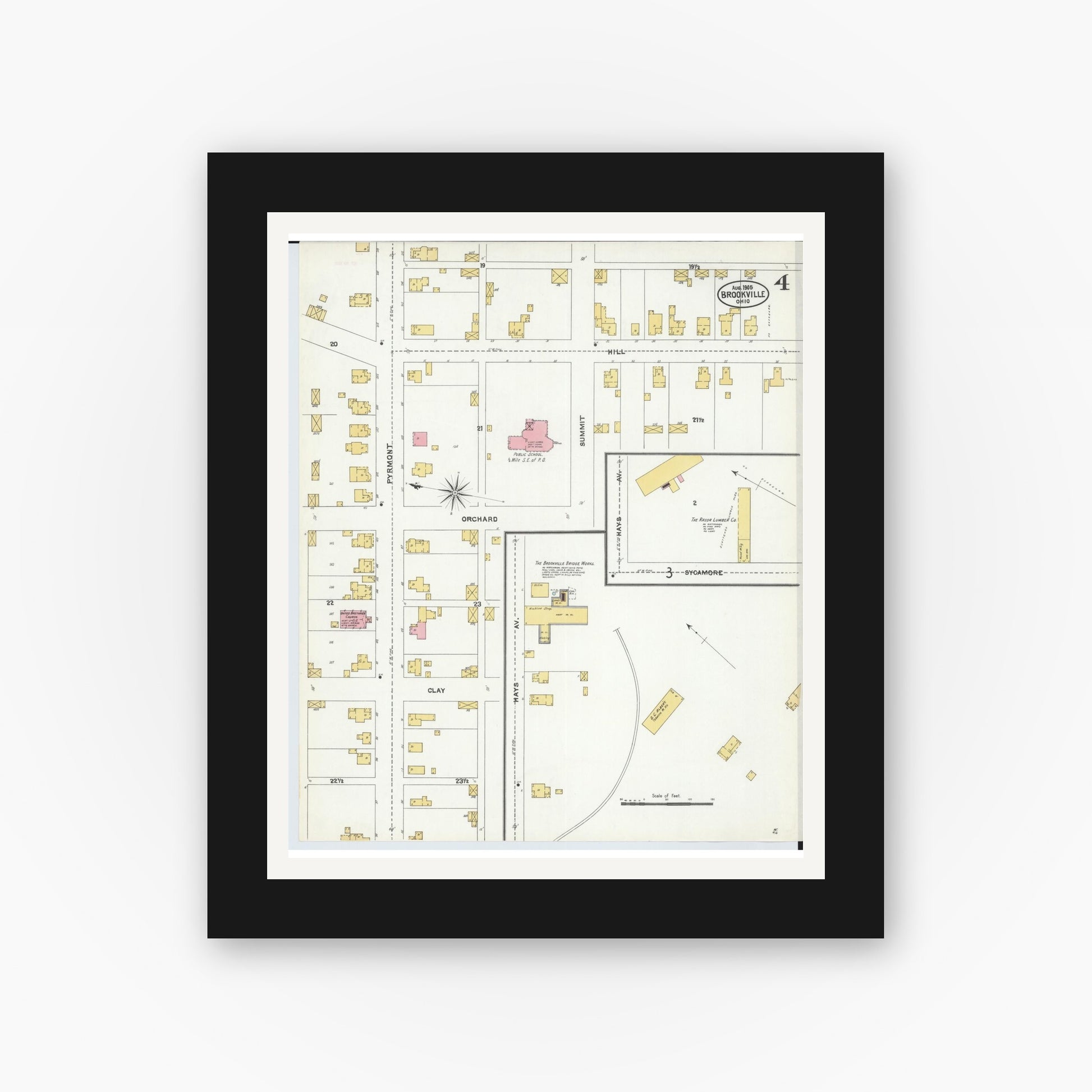 Old map wall art mockup — black gallery frame with white mat — Sanborn Fire Insurance Map from Brookville, Montgomery County, Ohio (1905), Sheet #0004