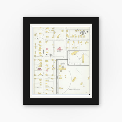 Old map wall art mockup — black gallery frame with white mat — Sanborn Fire Insurance Map from Brookville, Montgomery County, Ohio (1905), Sheet #0004