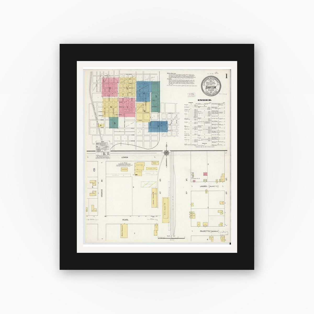 Old map wall art mockup — black gallery frame with white mat — Sanborn Fire Insurance Map from Bartow, Polk County, Florida (1911) - Complete Map Set