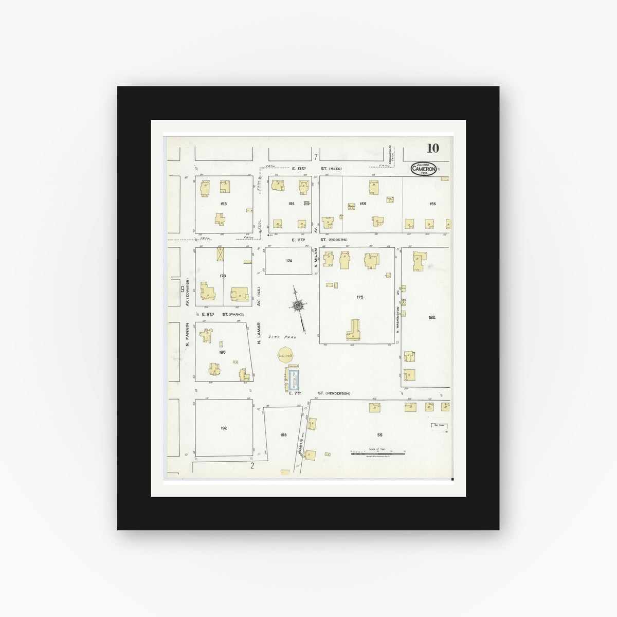 Old map wall art mockup — black gallery frame with white mat — Sanborn Fire Insurance Map from Cameron, Milam County, Texas (1920), Sheet #0010