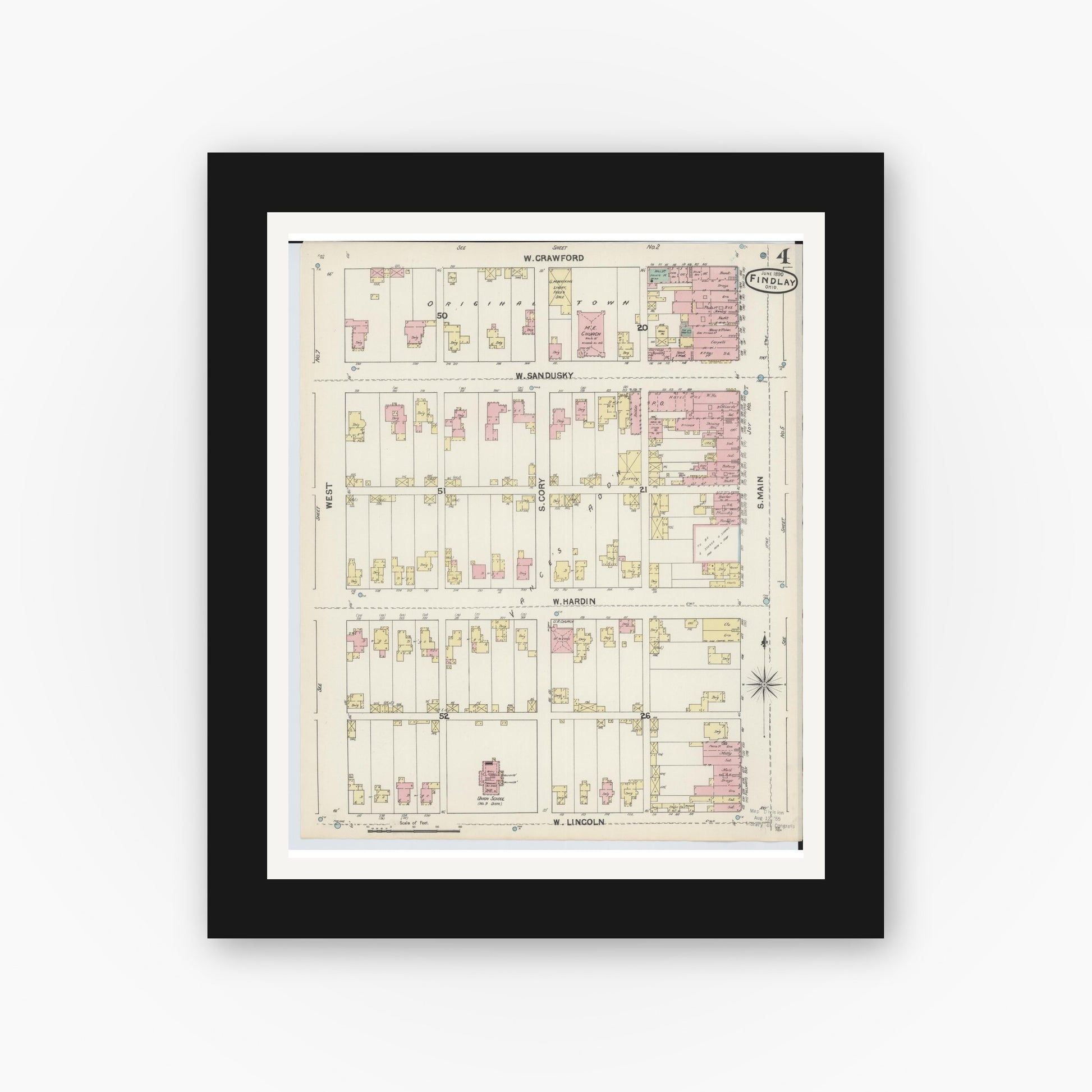 Old map wall art mockup — black gallery frame with white mat — Sanborn Fire Insurance Map from Findlay, Hancock County, Ohio (1890), Sheet #0004