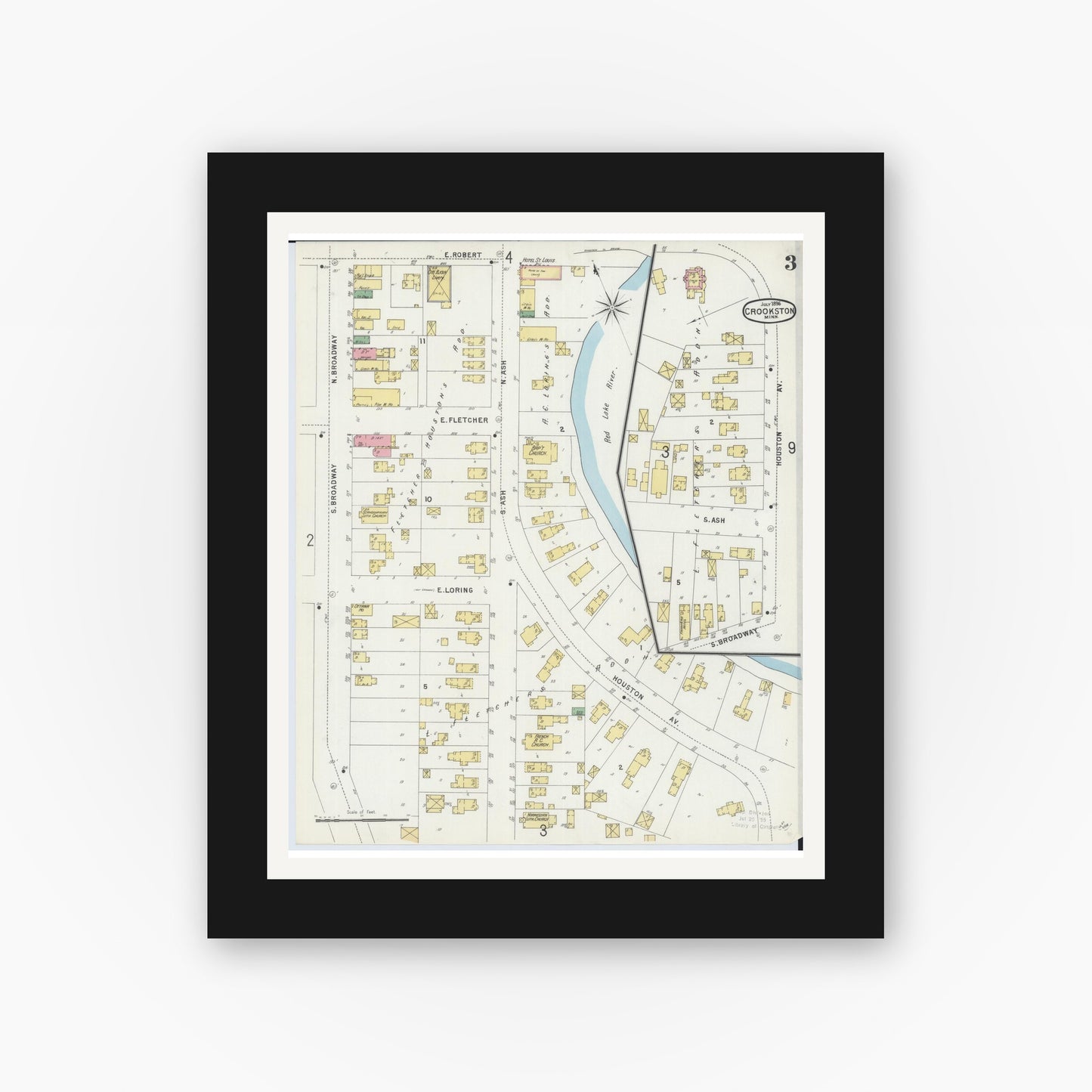 Old map wall art mockup — black gallery frame with white mat — Sanborn Fire Insurance Map from Crookston, Polk County, Minnesota (1896), Sheet #0003