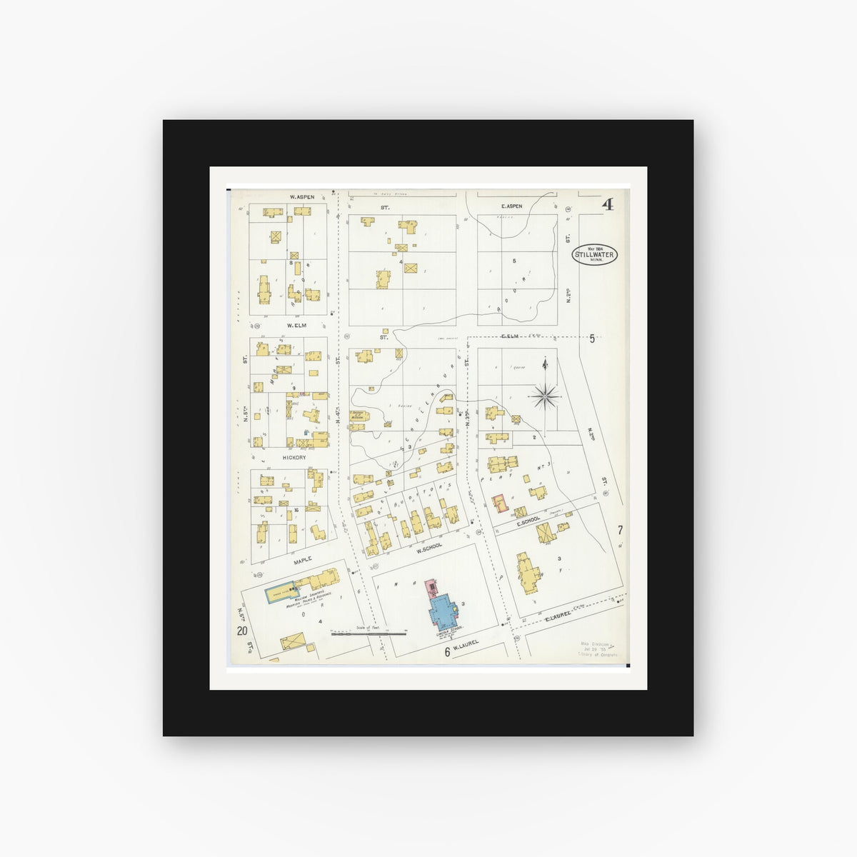Old map wall art mockup — black gallery frame with white mat — Sanborn Fire Insurance Map from Stillwater, Washington County, Minnesota (1904), Sheet #0004