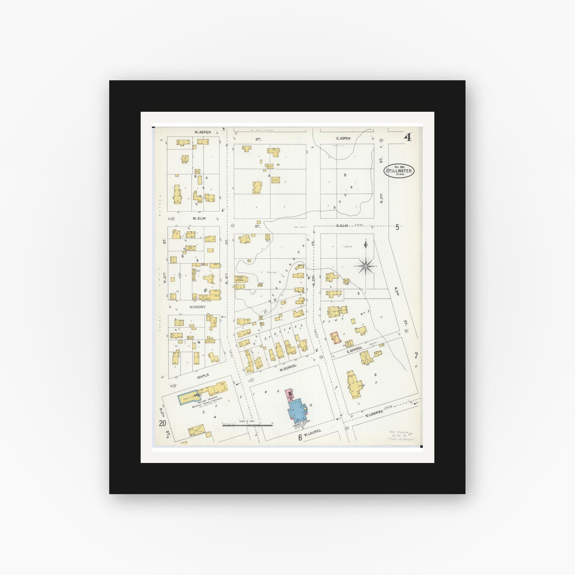 Old map wall art mockup — black gallery frame with white mat — Sanborn Fire Insurance Map from Stillwater, Washington County, Minnesota (1904), Sheet #0004