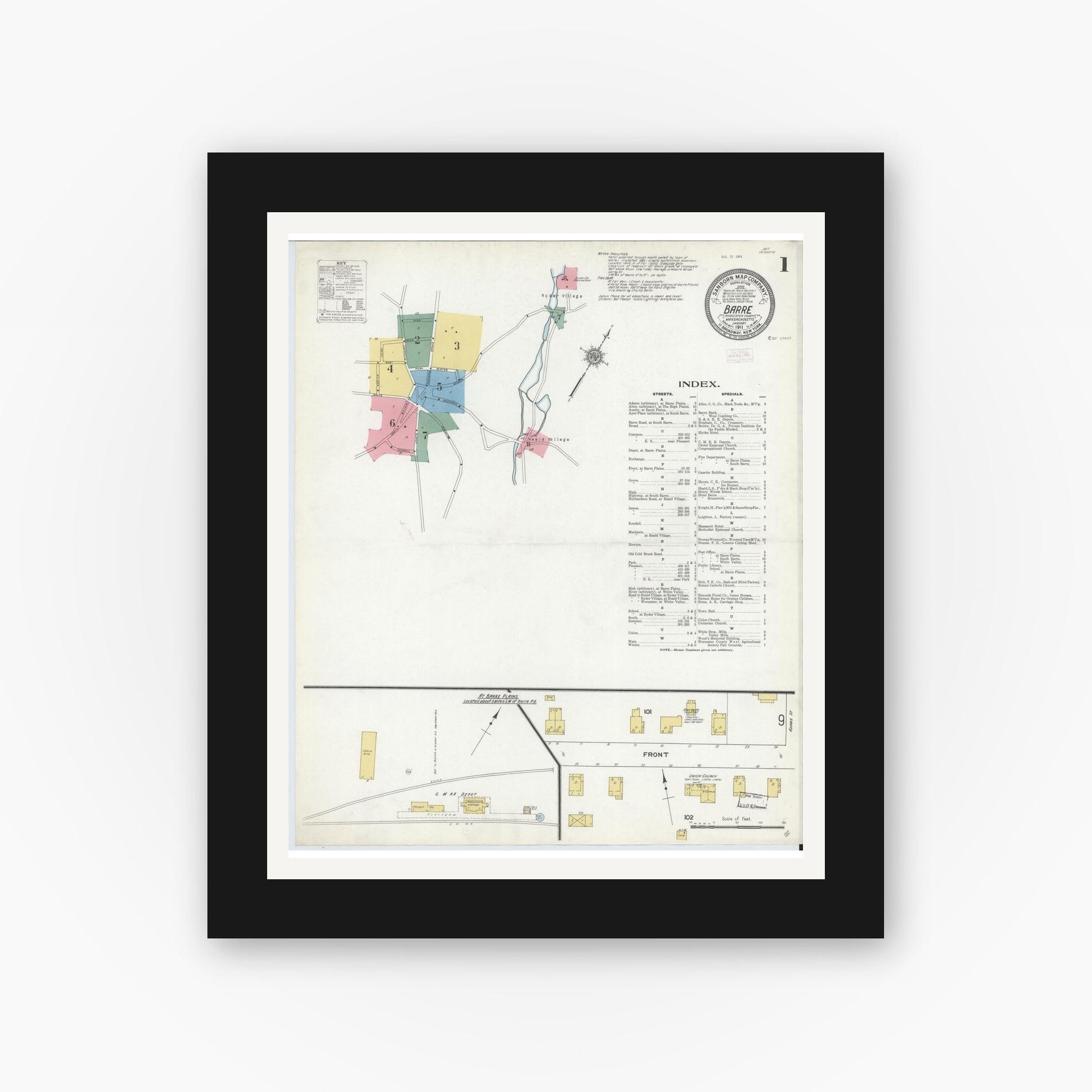 Old map wall art mockup — black gallery frame with white mat — Sanborn Fire Insurance Map from Barre, Worcester County, Massachusetts (1911) - Complete Map Set