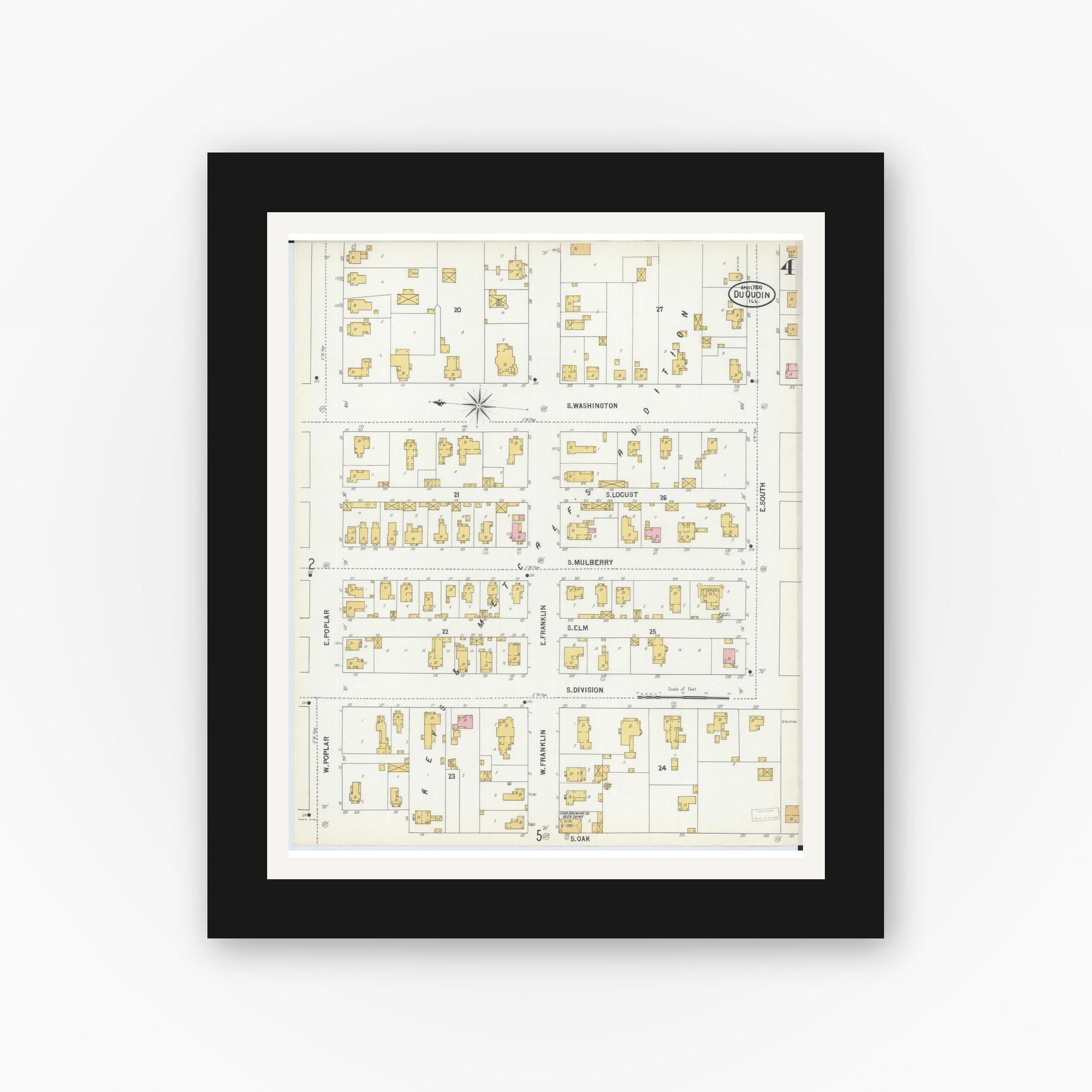 Old map wall art mockup — black gallery frame with white mat — Sanborn Fire Insurance Map from Du Quoin, Perry County, Illinois (1900), Sheet #0004