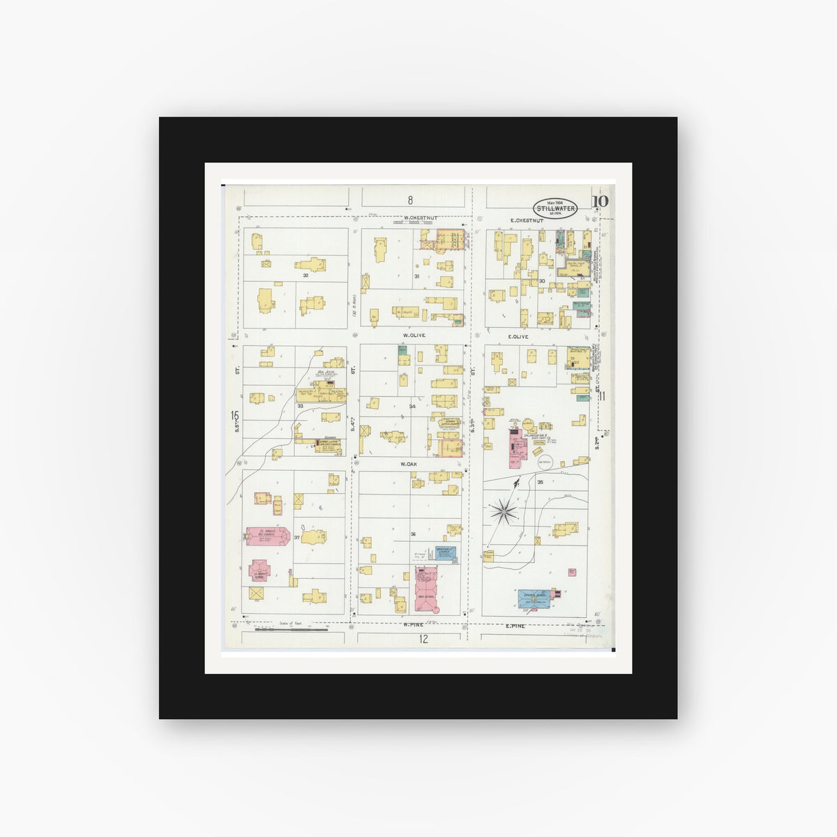 Old map wall art mockup — black gallery frame with white mat — Sanborn Fire Insurance Map from Stillwater, Washington County, Minnesota (1904), Sheet #0010