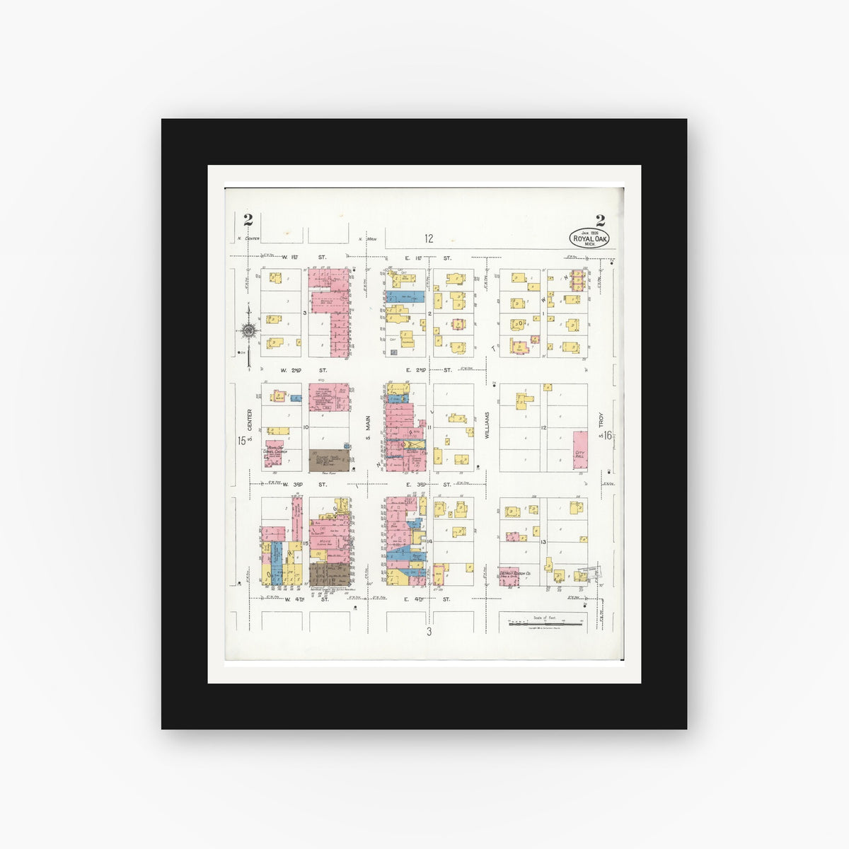 Old map wall art mockup — black gallery frame with white mat — Sanborn Fire Insurance Map from Royal Oak, Oakland County, Michigan (1926), Sheet #0002