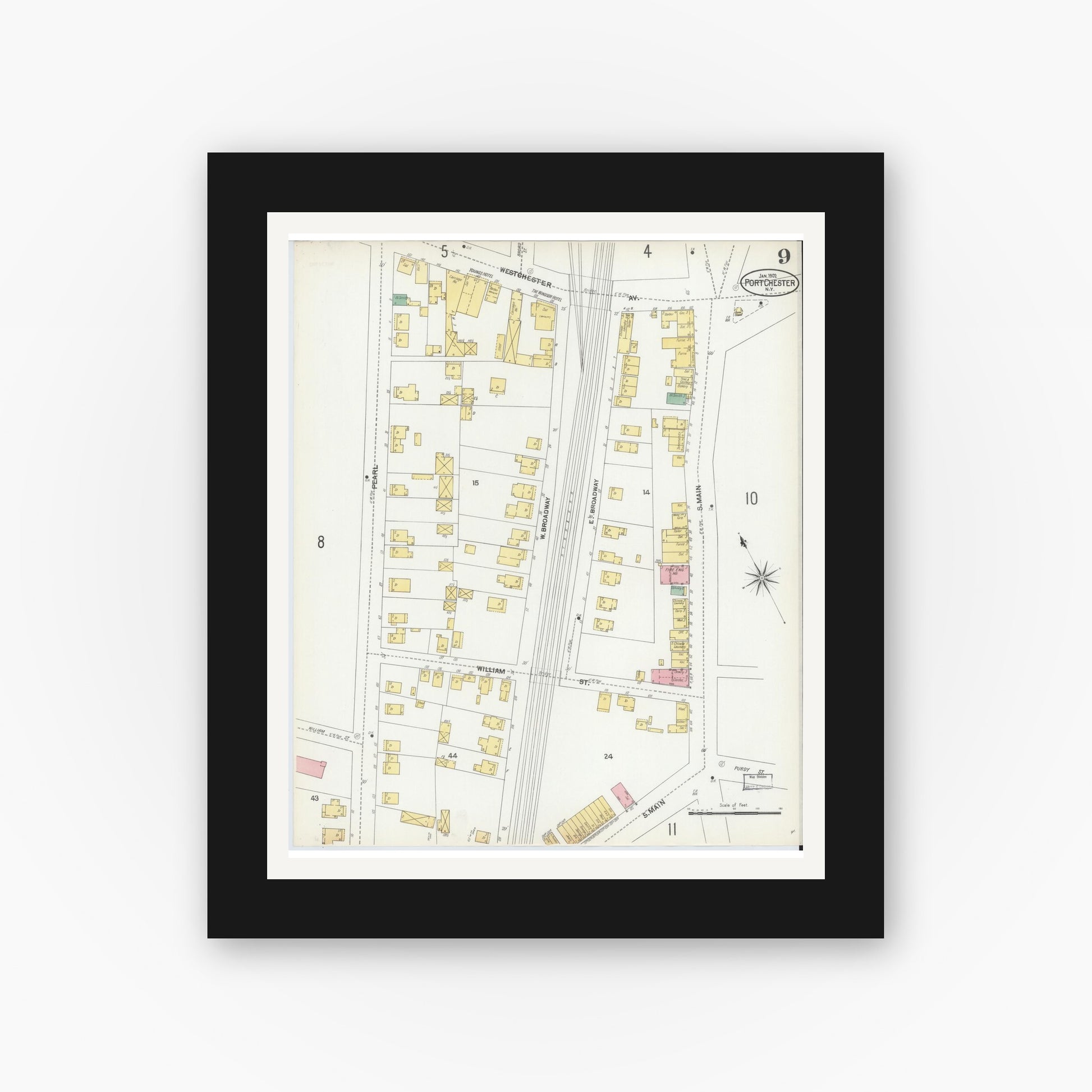 Old map wall art mockup — black gallery frame with white mat — Sanborn Fire Insurance Map from Port Chester, Westchester County, New York (1902), Sheet #0009