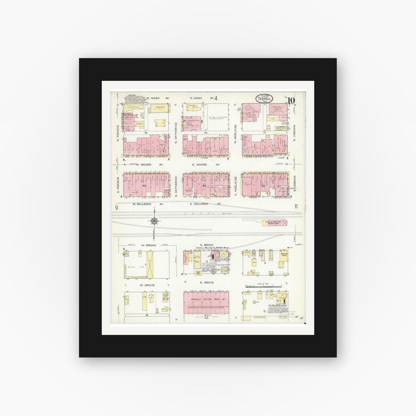 Old map wall art mockup — black gallery frame with white mat — Sanborn Fire Insurance Map from Terrell, Kaufman County, Texas (1914), Sheet #0010