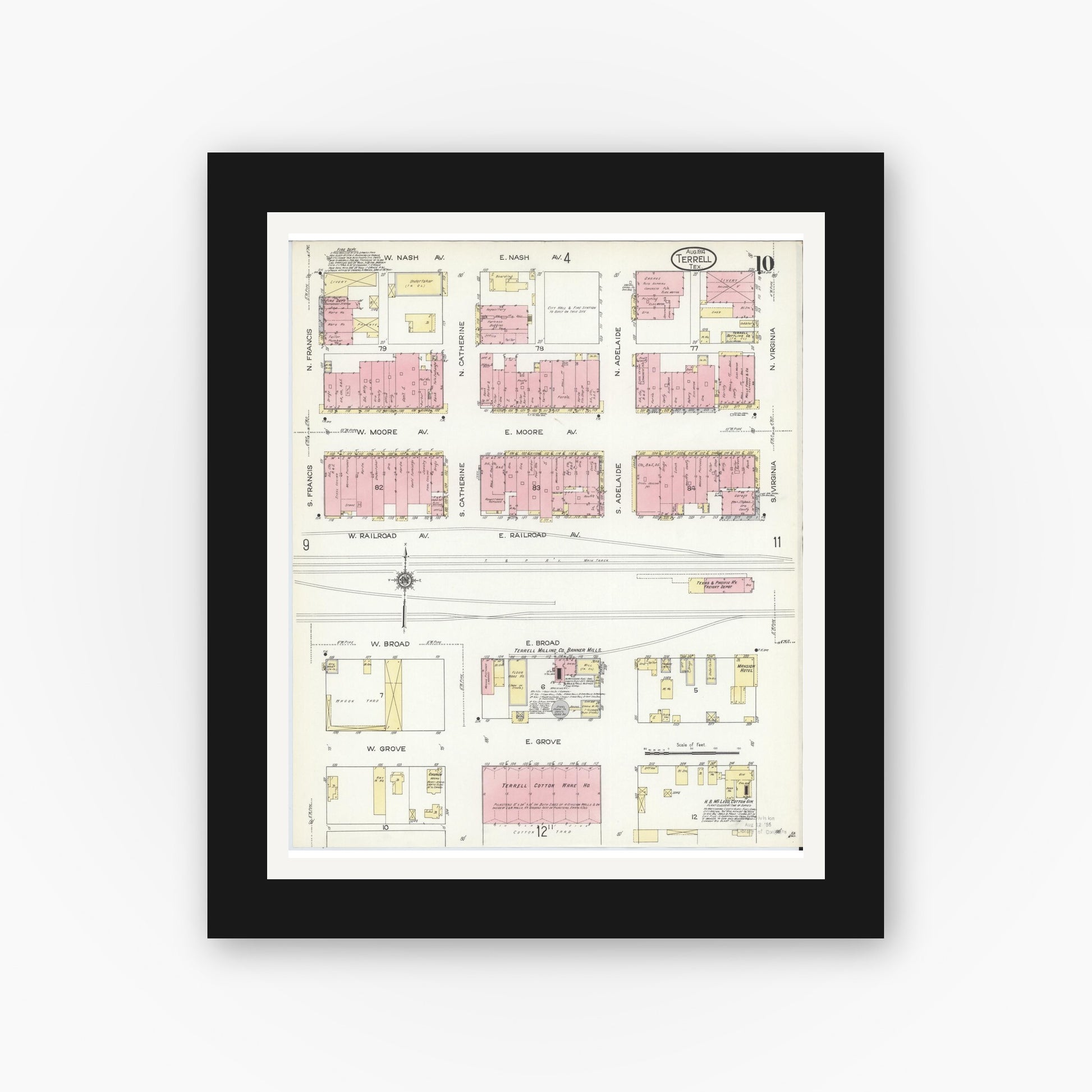 Old map wall art mockup — black gallery frame with white mat — Sanborn Fire Insurance Map from Terrell, Kaufman County, Texas (1914), Sheet #0010