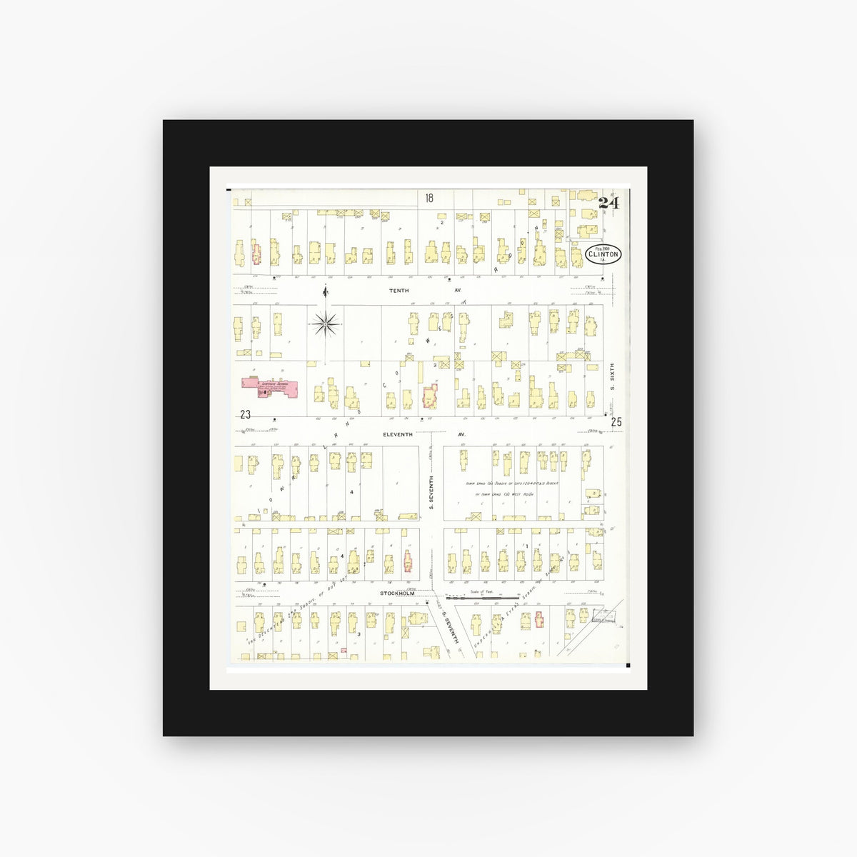 Old map wall art mockup — black gallery frame with white mat — Sanborn Fire Insurance Map from Clinton, Clinton County, Iowa (1909), Sheet #0024