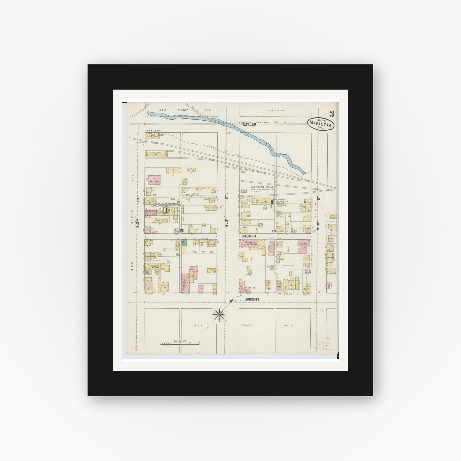 Old map wall art mockup — black gallery frame with white mat — Sanborn Fire Insurance Map from Marietta, Washington County, Ohio (1890), Sheet #0003