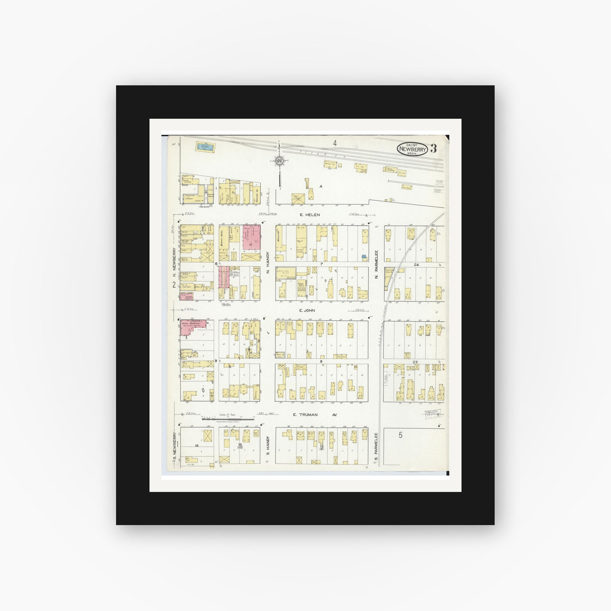 Old map wall art mockup — black gallery frame with white mat — Sanborn Fire Insurance Map from Newberry, Luce County, Michigan (1917), Sheet #0003