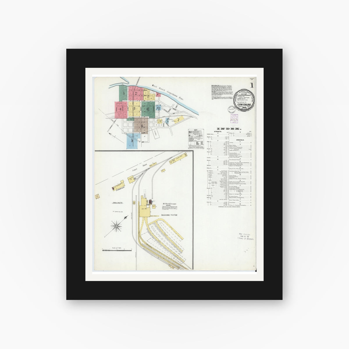 Old map wall art mockup — black gallery frame with white mat — Sanborn Fire Insurance Map from Lewisburg, Union County, Pennsylvania (1901) - Complete Map Set