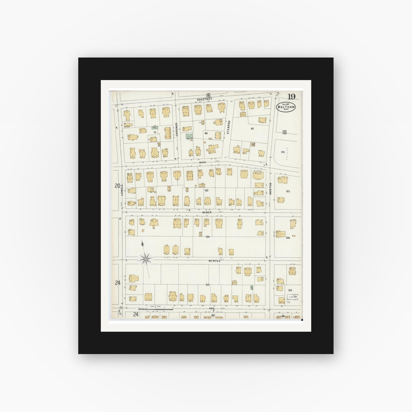 Old map wall art mockup — black gallery frame with white mat — Sanborn Fire Insurance Map from Waltham, Middlesex County, Massachusetts (1897), Sheet #0019