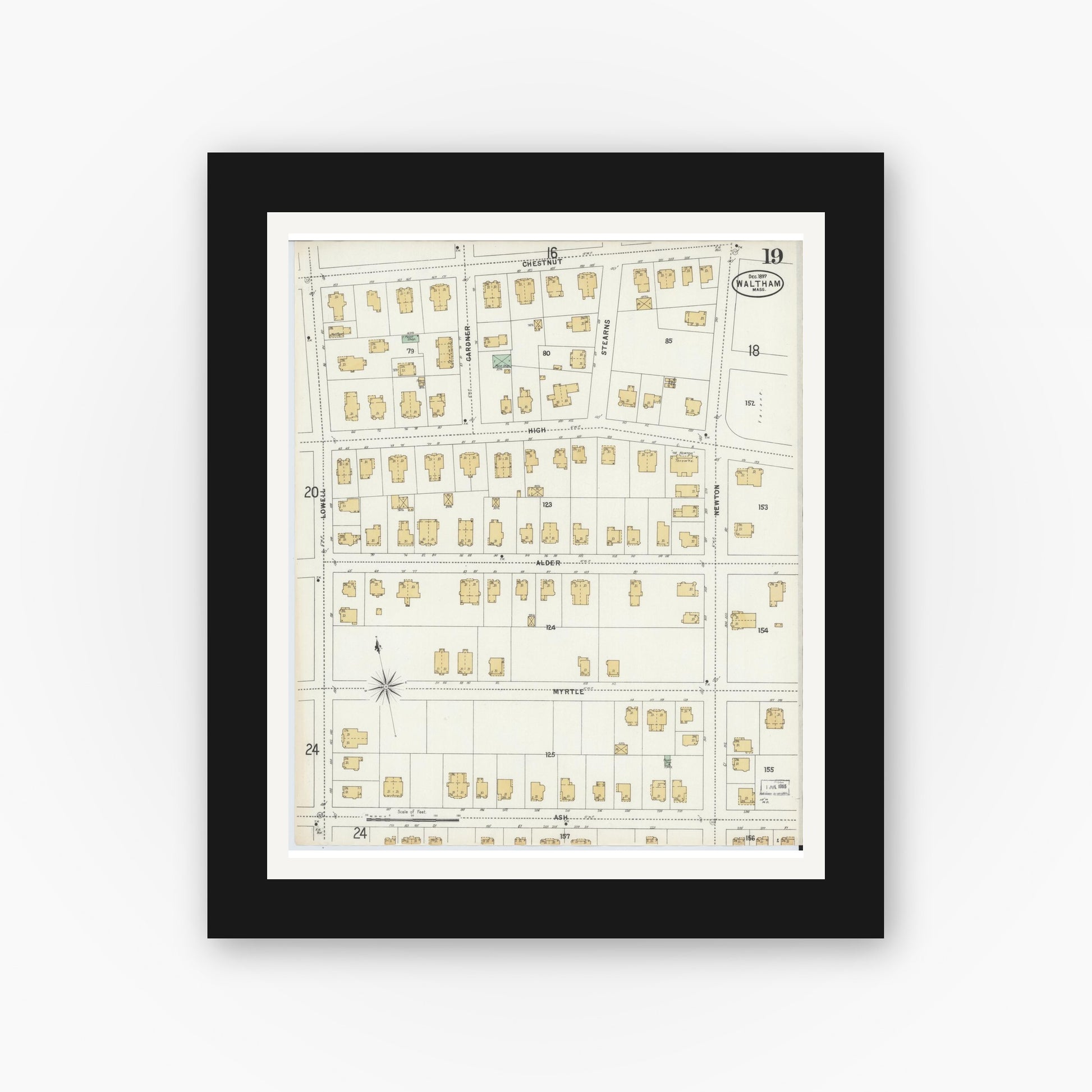 Old map wall art mockup — black gallery frame with white mat — Sanborn Fire Insurance Map from Waltham, Middlesex County, Massachusetts (1897), Sheet #0019