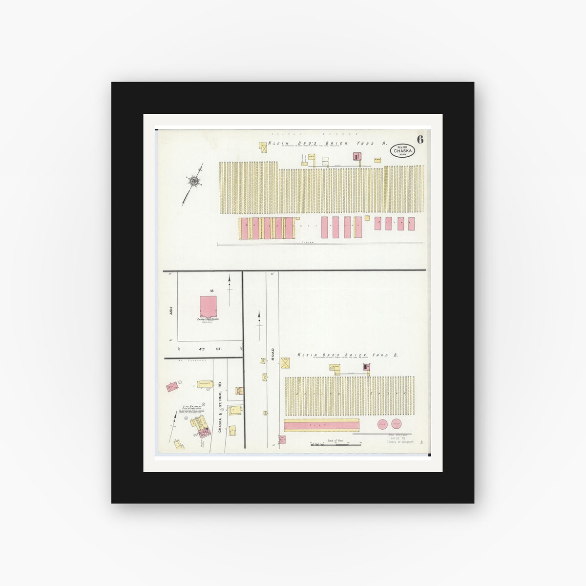 Old map wall art mockup — black gallery frame with white mat — Sanborn Fire Insurance Map from Chaska, Carver County, Minnesota (1911), Sheet #0006